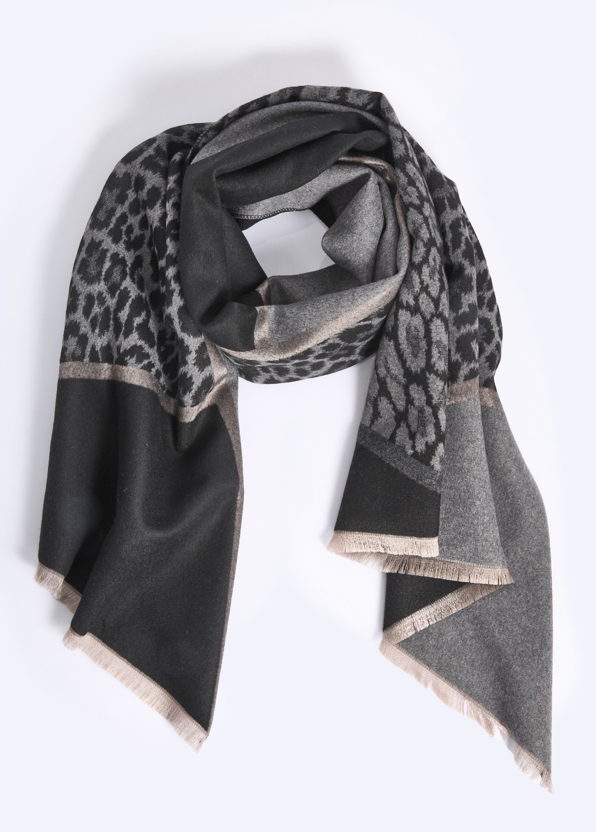 Echarpe fine thème léopard, petites franges Femme Noir TOPJC25293 FA1
