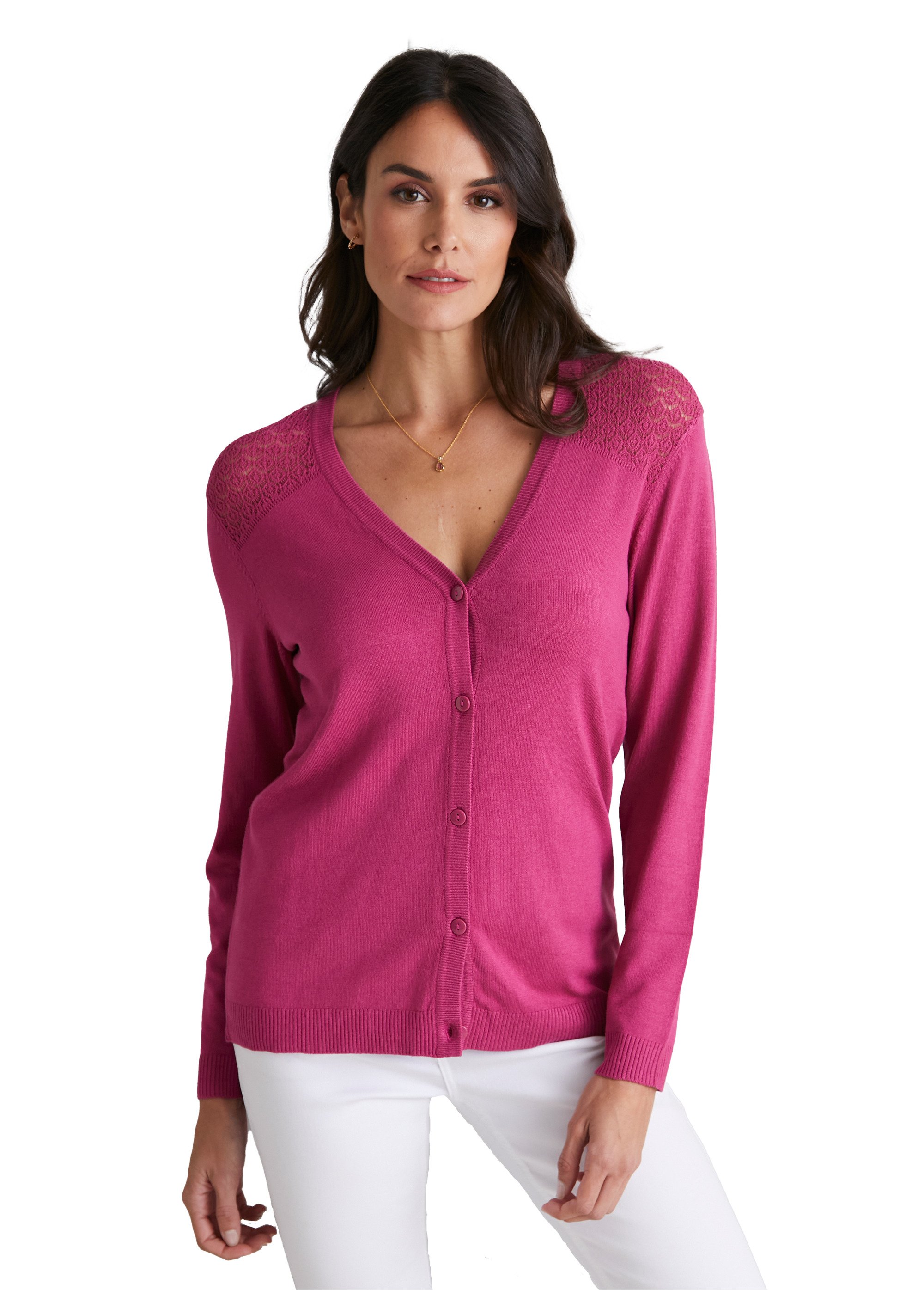 Gilet col V boutonné empiècements ajourés Femme Violet PAJAY FA1