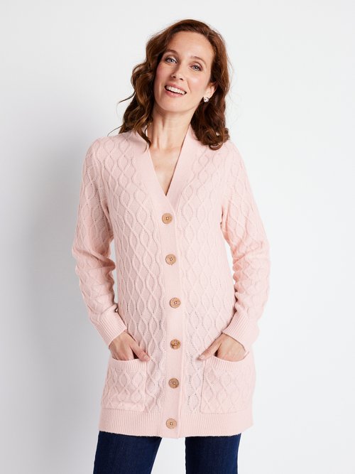 Gilet long boutonné torsades col V Femme Rose PELISSANE FA2