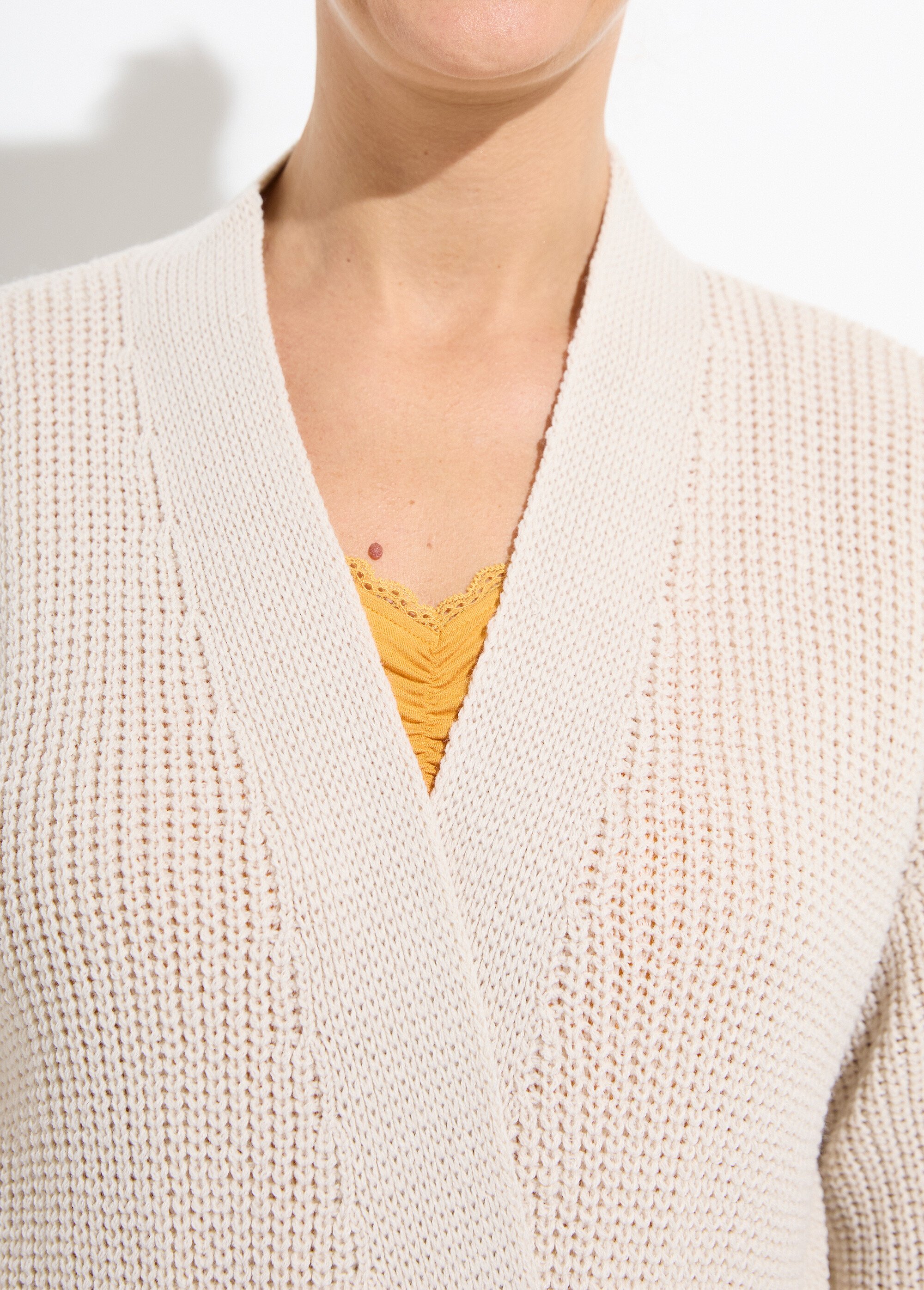 Gilet long uni bord à bord maille perlée Femme Beige SEDA DE1