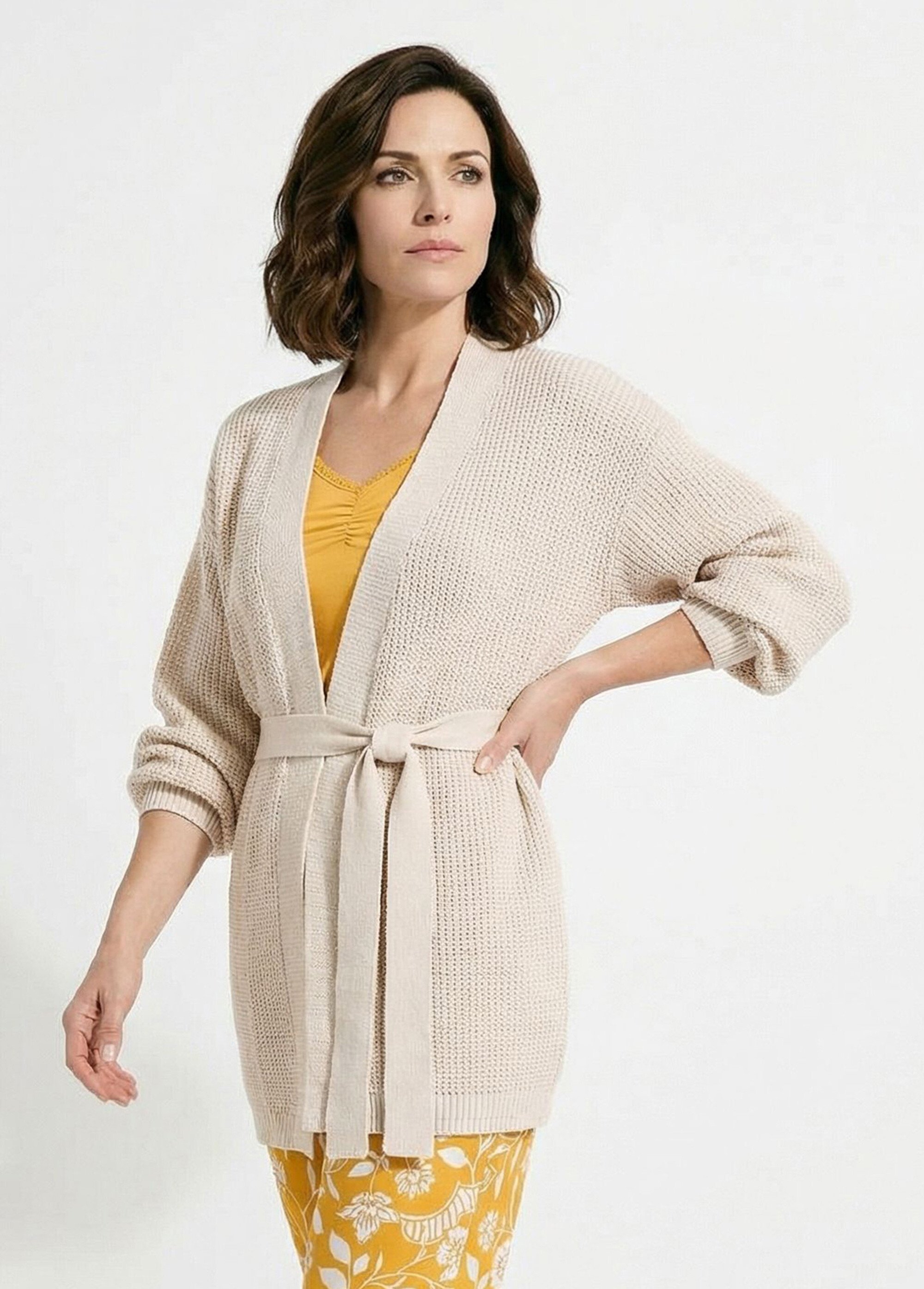 Gilet long uni bord à bord maille perlée Femme Beige SEDA MV1