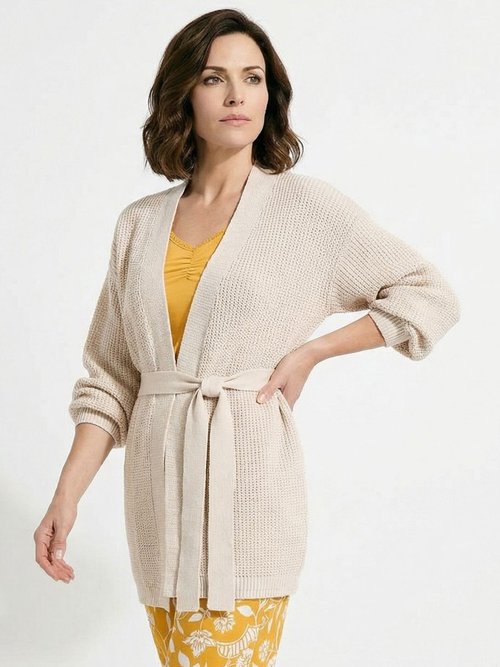 Gilet long uni bord à bord maille perlée Femme Beige SEDA MV1