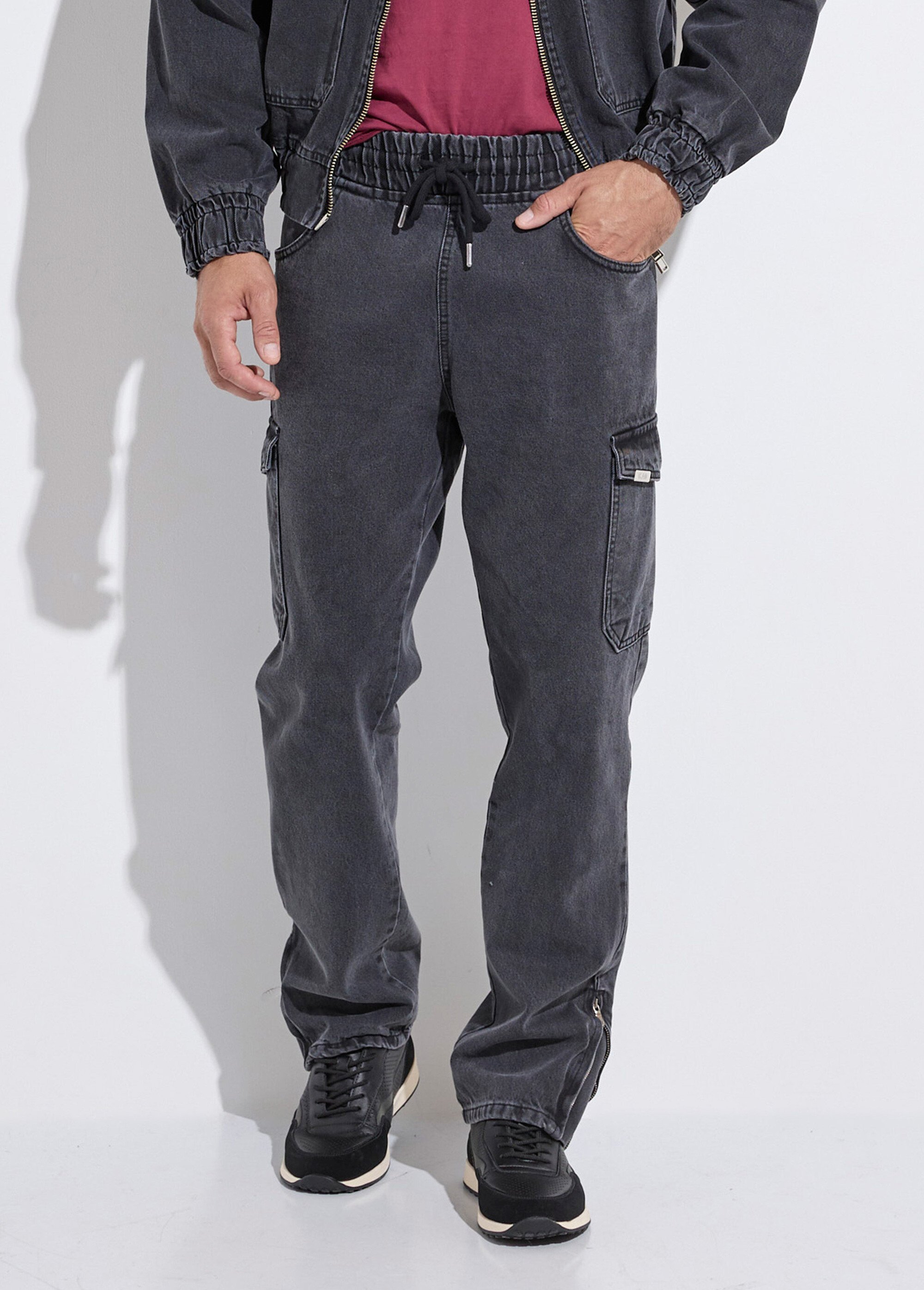 Jean cargo bas zippé, taille élastiquée Homme Noir IKAPANT546-2018 FA1