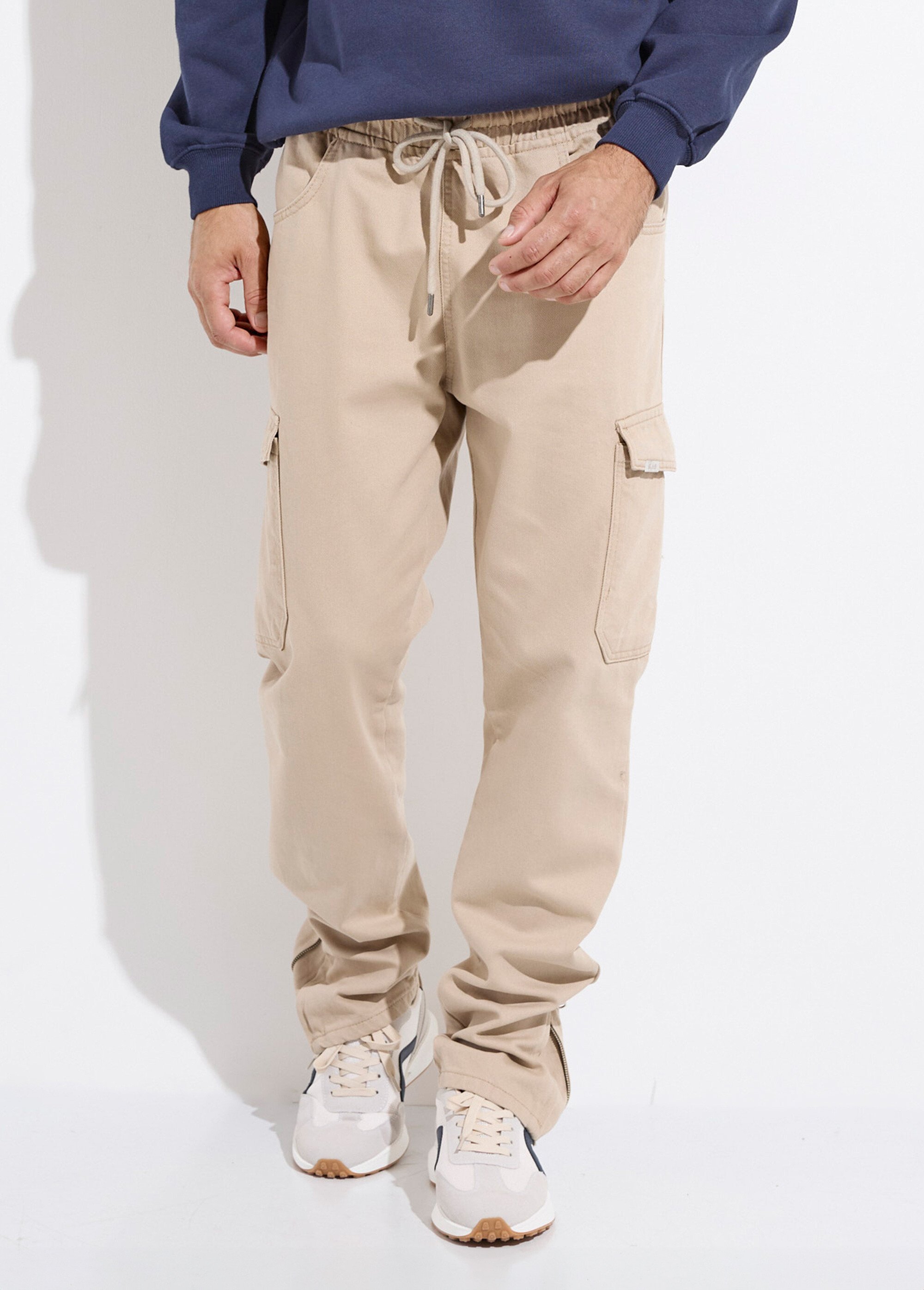 Jean cargo bas zippé, taille élastiquée Homme Beige IKAPANT546-2018 FA1