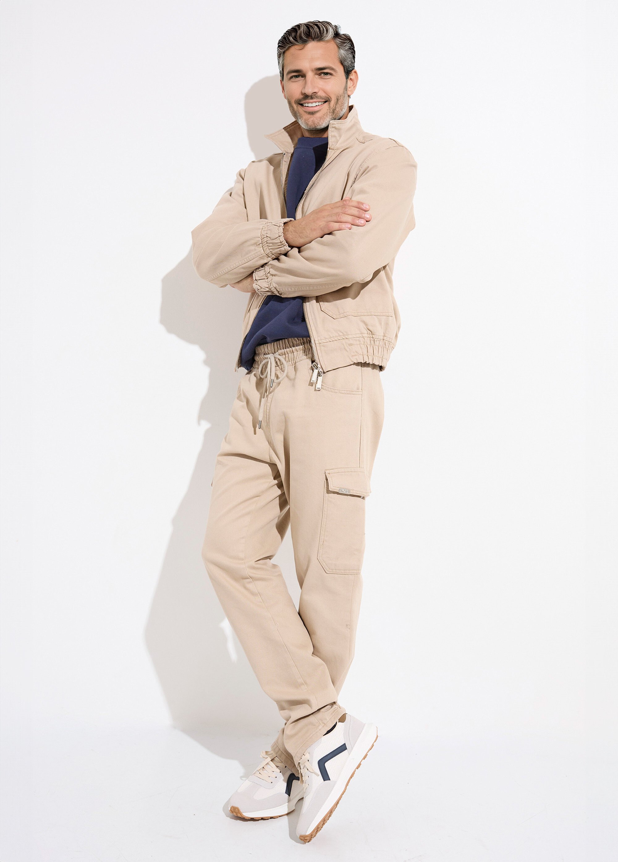 Jean cargo bas zippé, taille élastiquée Homme Beige IKAPANT546-2018 MV1