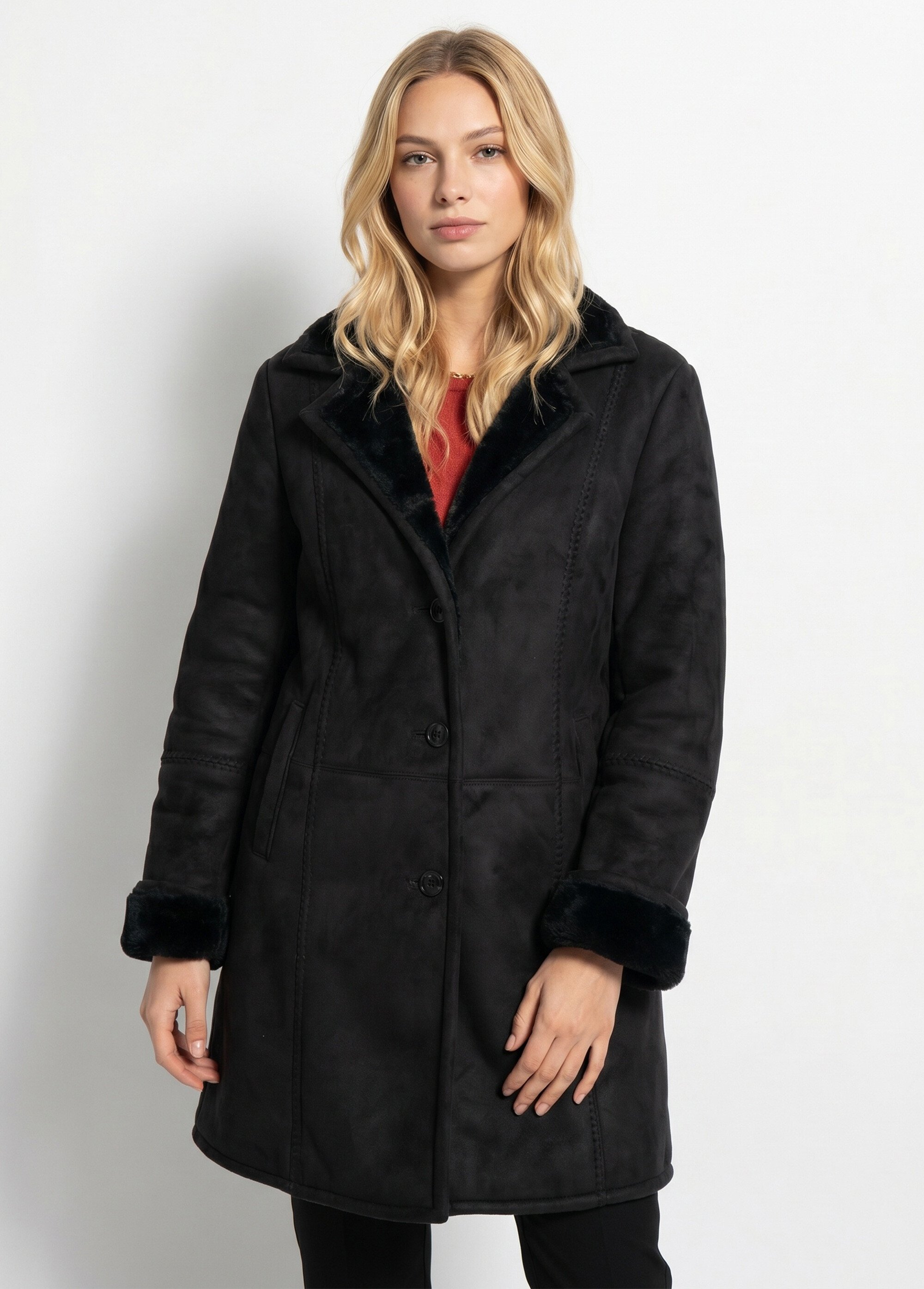 Manteau col tailleur façon peau lainée Femme Noir CHATEAUDUN FA1