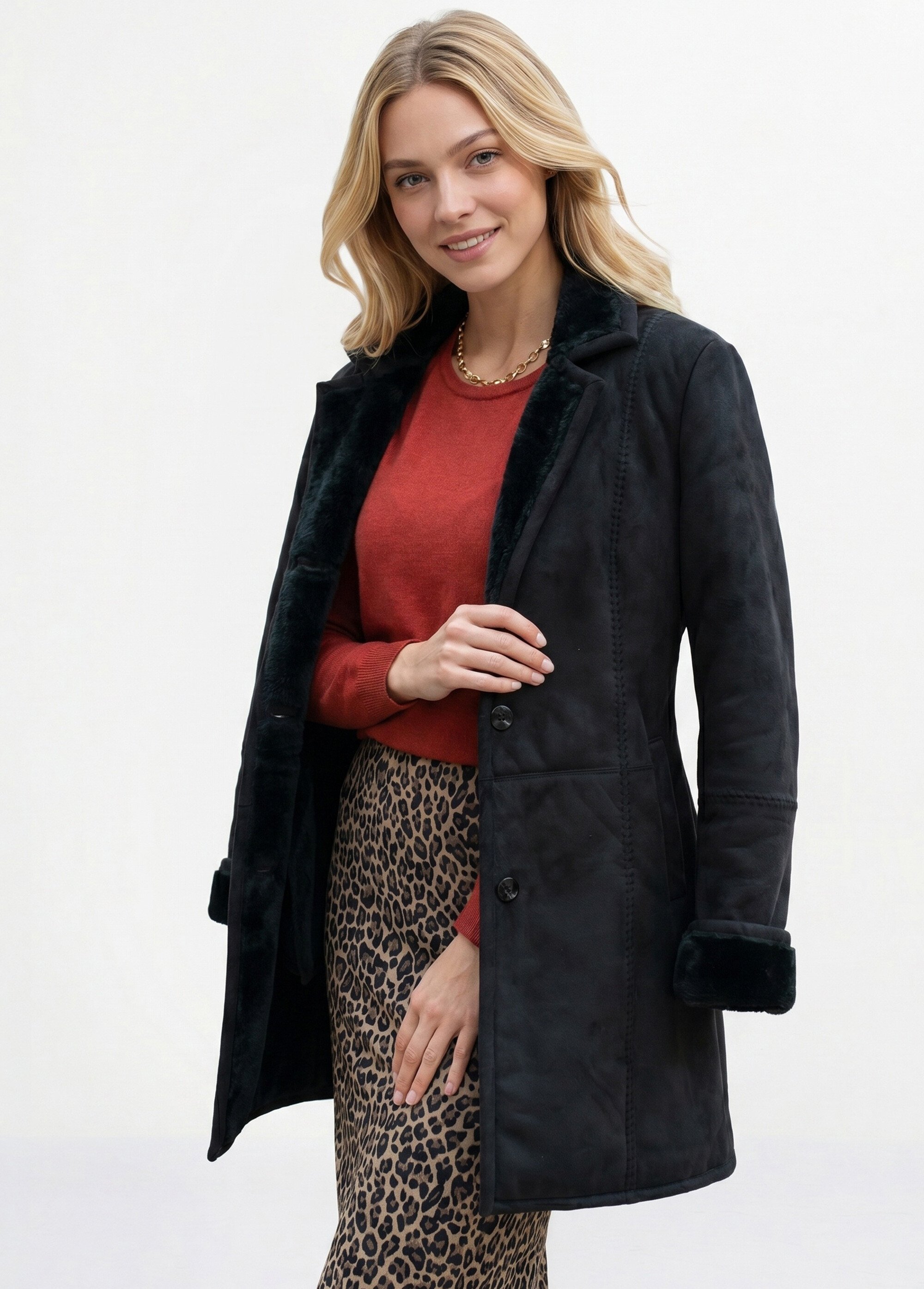 Manteau col tailleur façon peau lainée Femme Noir CHATEAUDUN MV1