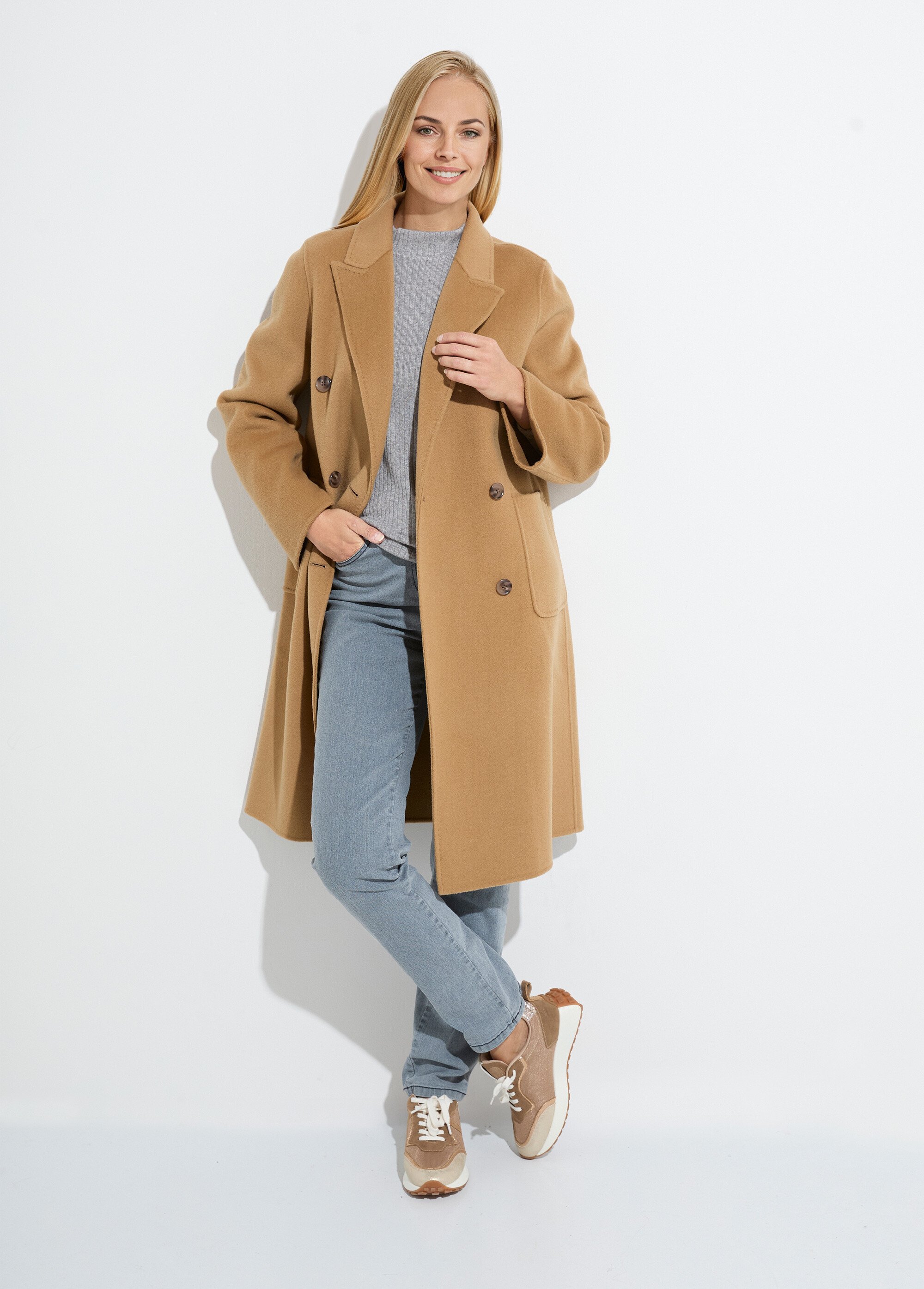 Manteau long drap de laine col tailleur Femme Beige TIAGO FA1