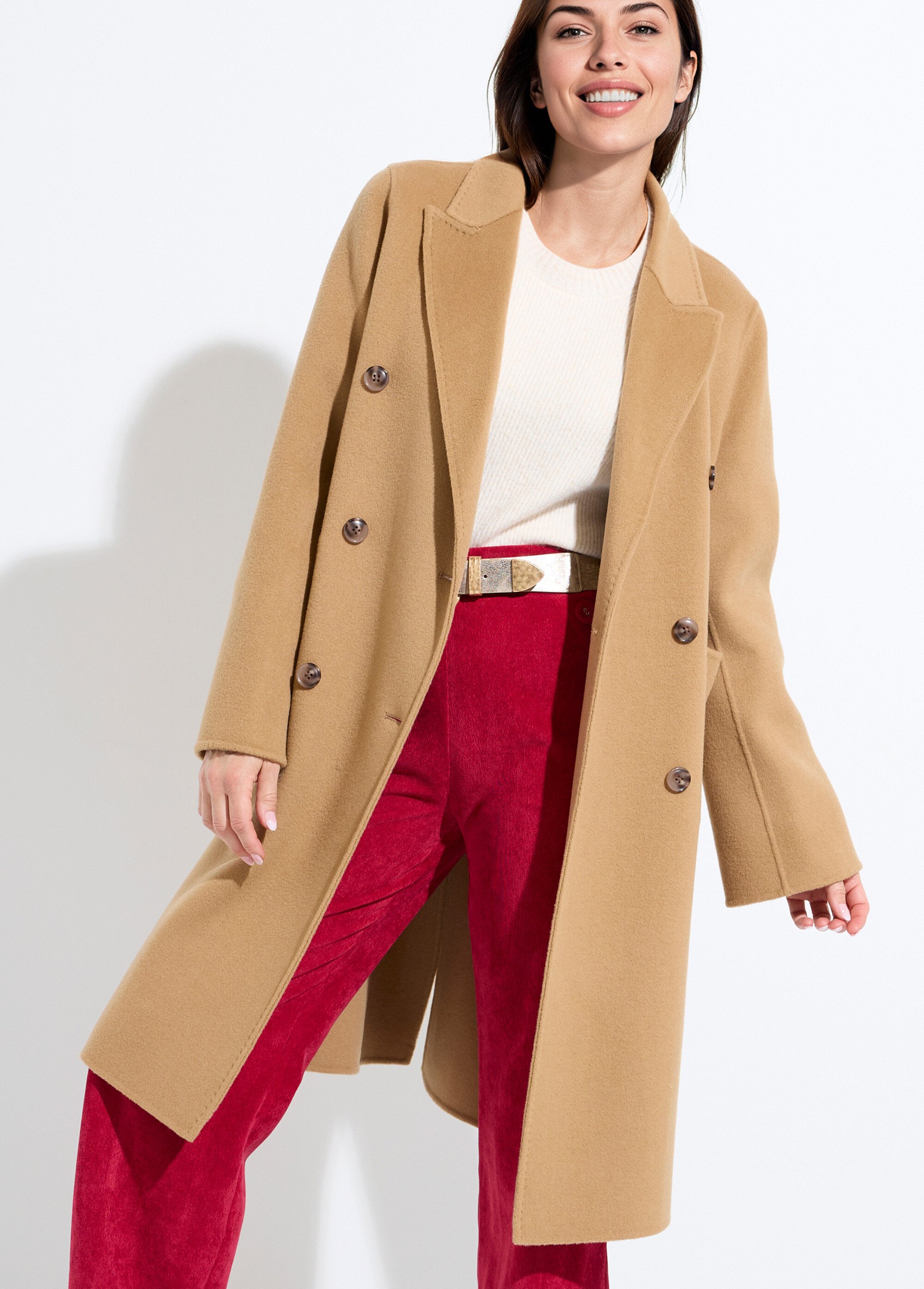 Manteau long drap de laine col tailleur Femme Beige TIAGO MV1