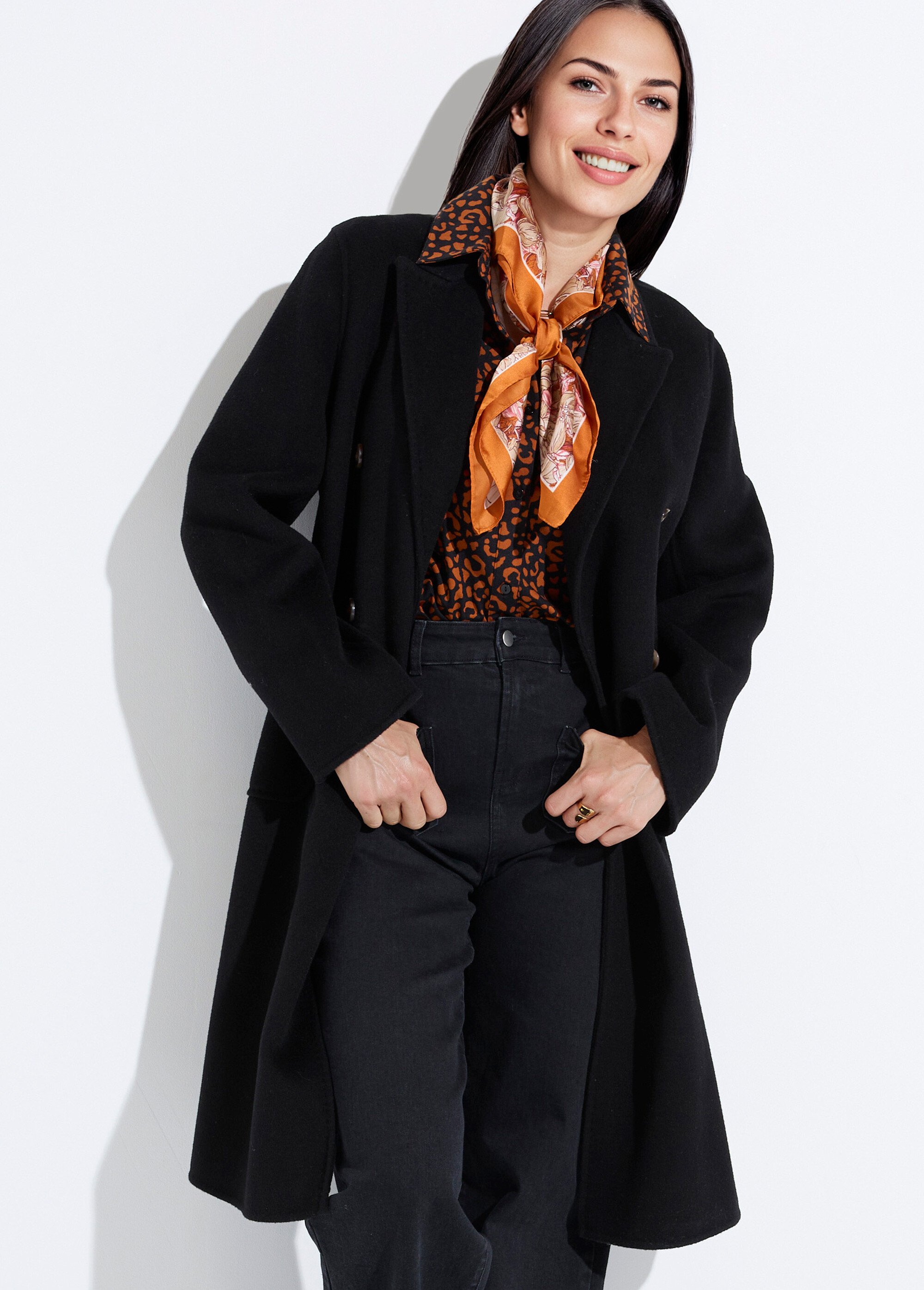 Manteau long drap de laine col tailleur Femme Noir TIAGO MV1