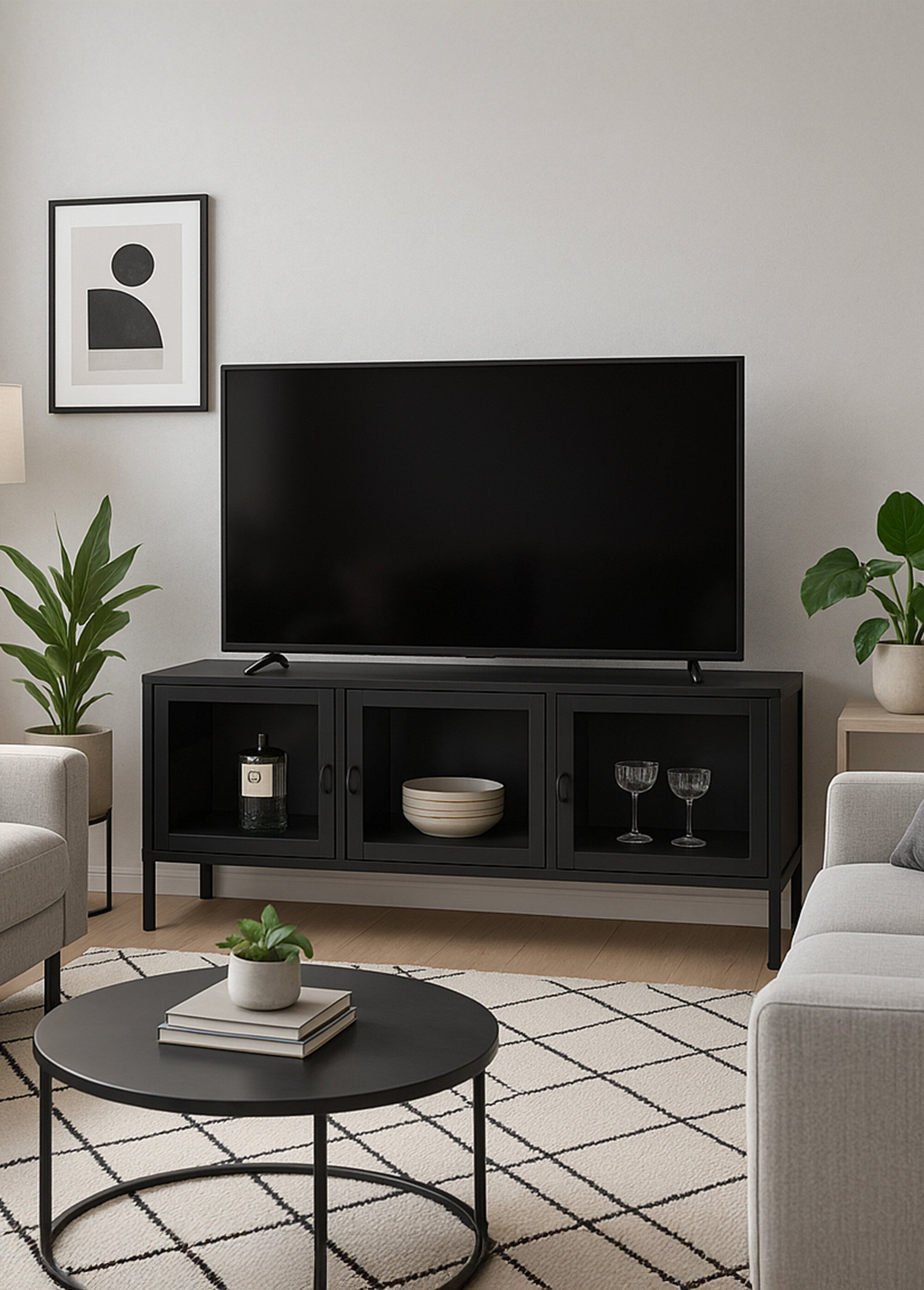 Meuble bas Banc TV acier et portes verre NOIR HN-3001055 SI1