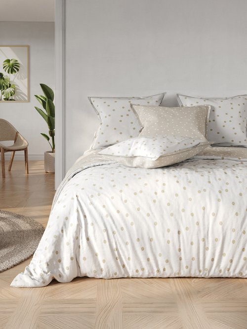 Parure housse de couette coton, pois BLANC ET BEIGE ZAC-BILLY FA1