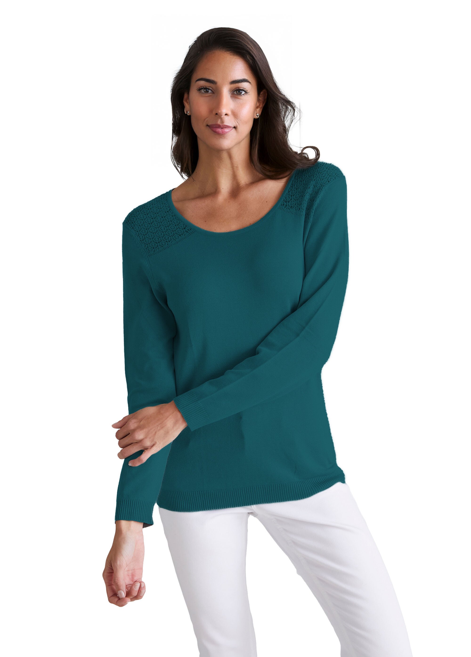 Pull col rond empiècements ajourés