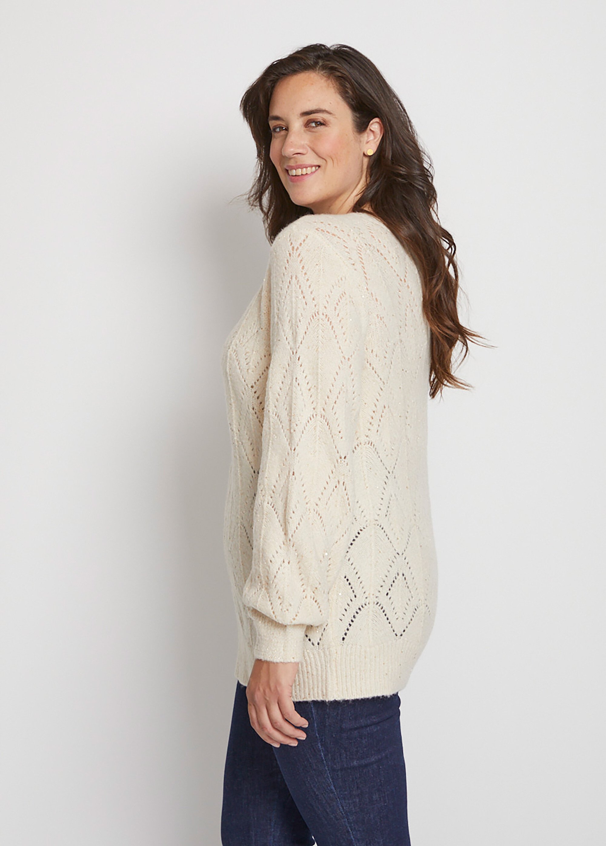 Pull maille ajourée scintillante col rond Femme Grande Taille Beige PAISSY DR1