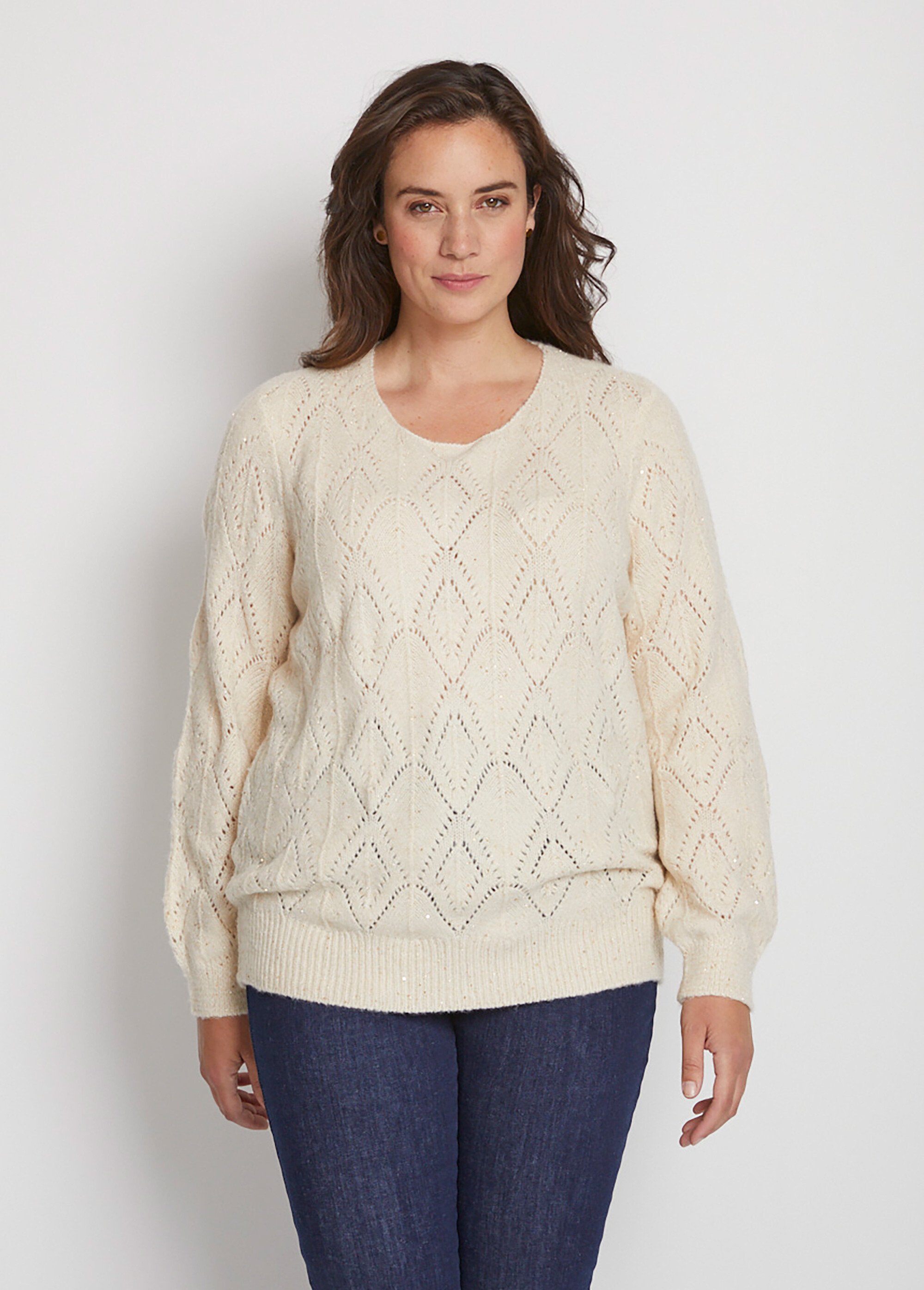 Pull maille ajourée scintillante col rond