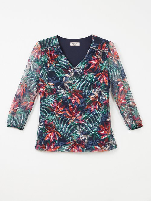 T-shirt col V maille dentelle imprimée Femme MARINE ET ORANGE COSIMA AP1