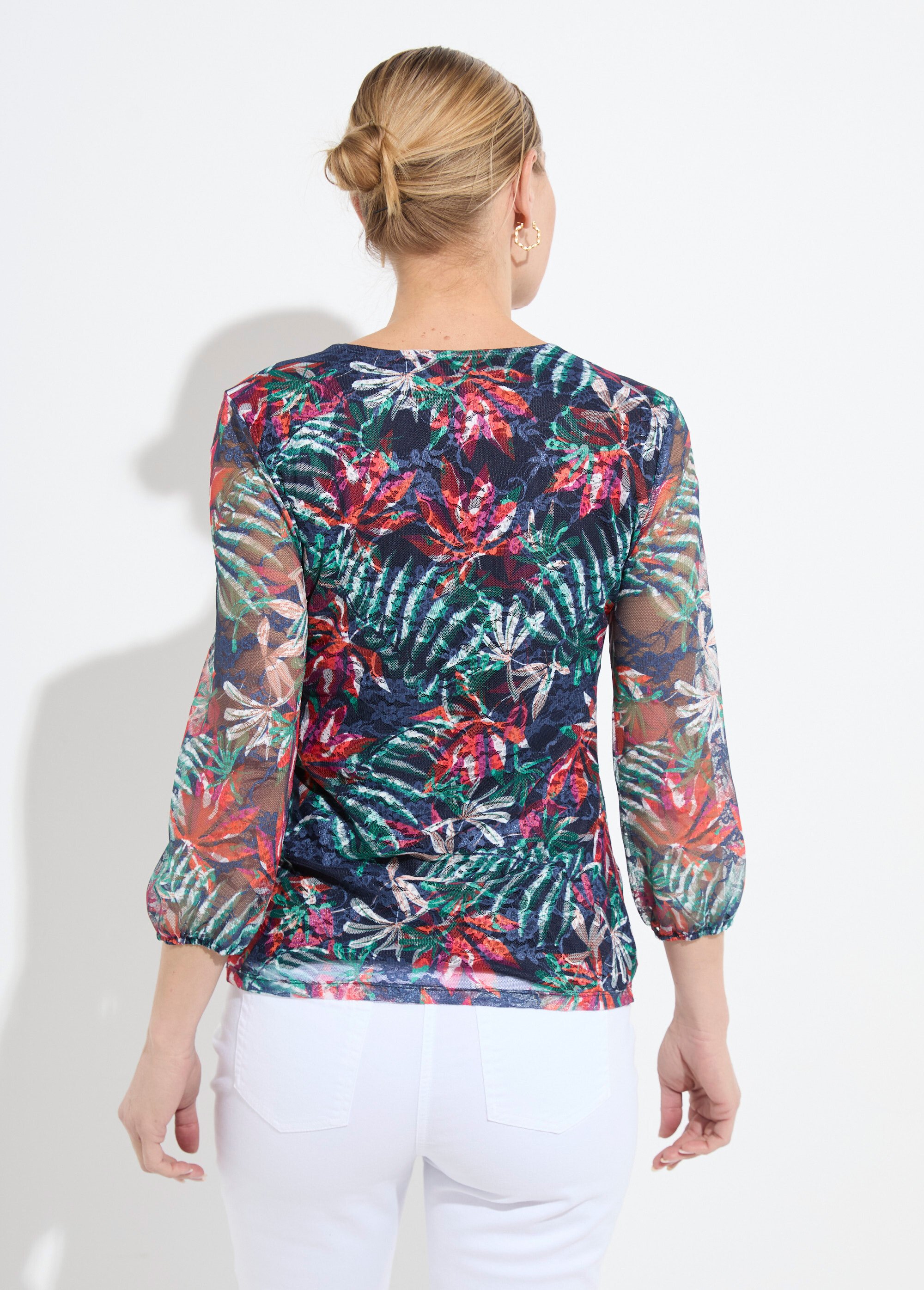 T-shirt col V maille dentelle imprimée