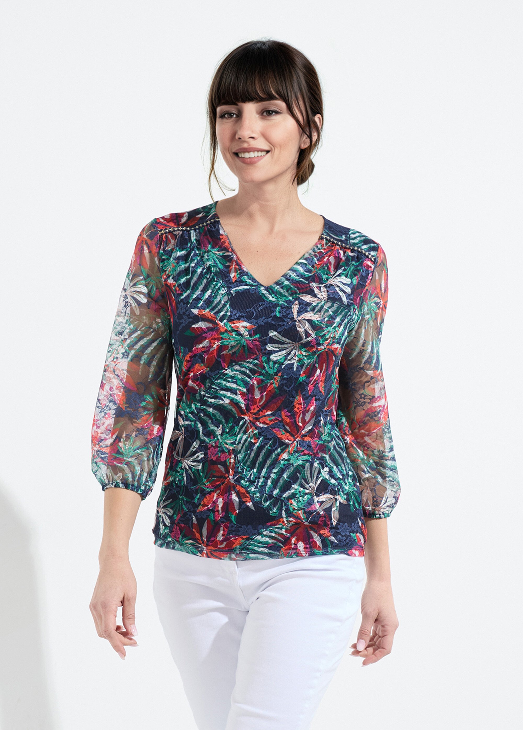 T-shirt col V maille dentelle imprimée Femme MARINE ET ORANGE COSIMA FA1