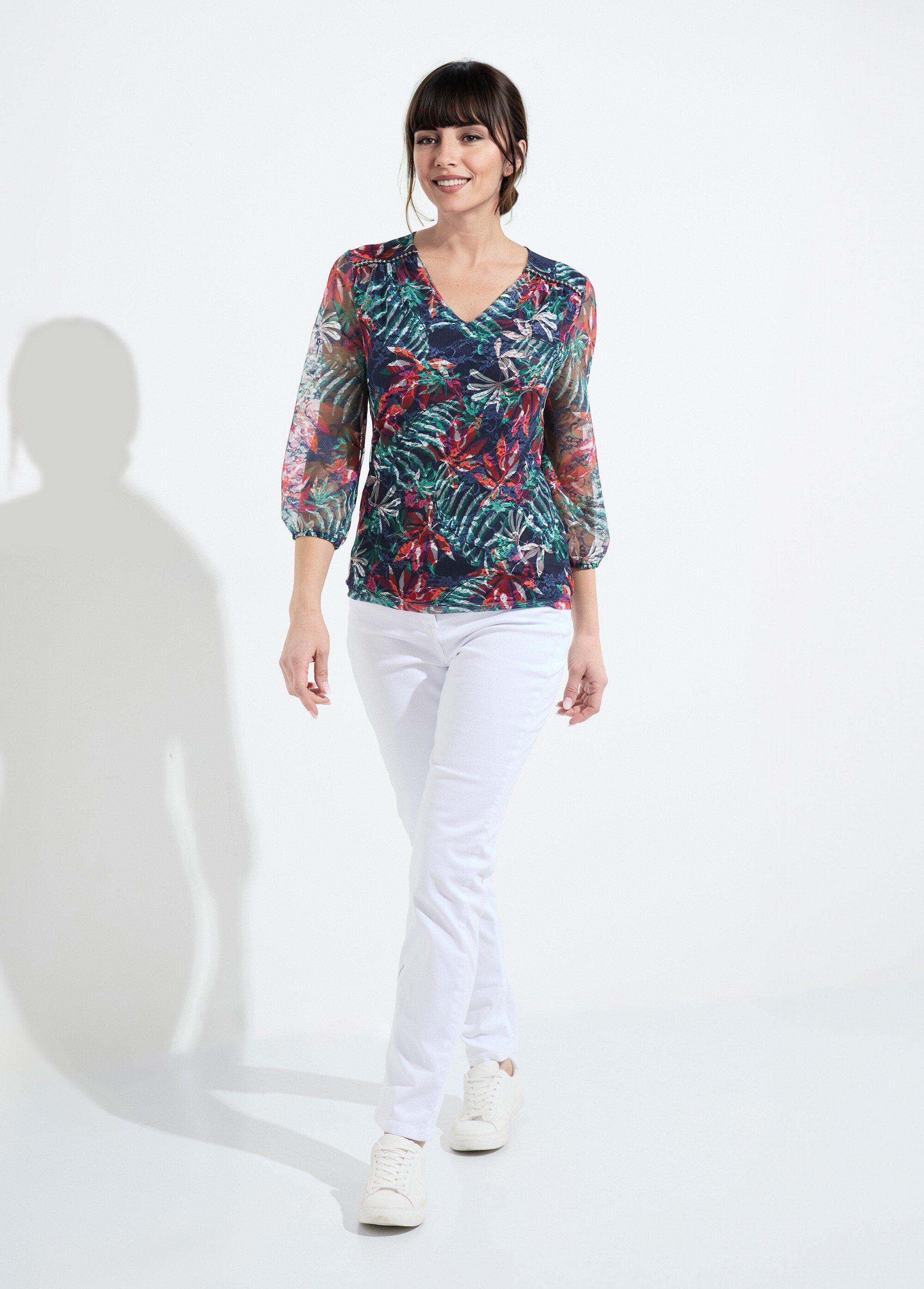 T-shirt col V maille dentelle imprimée Femme MARINE ET ORANGE COSIMA SF1