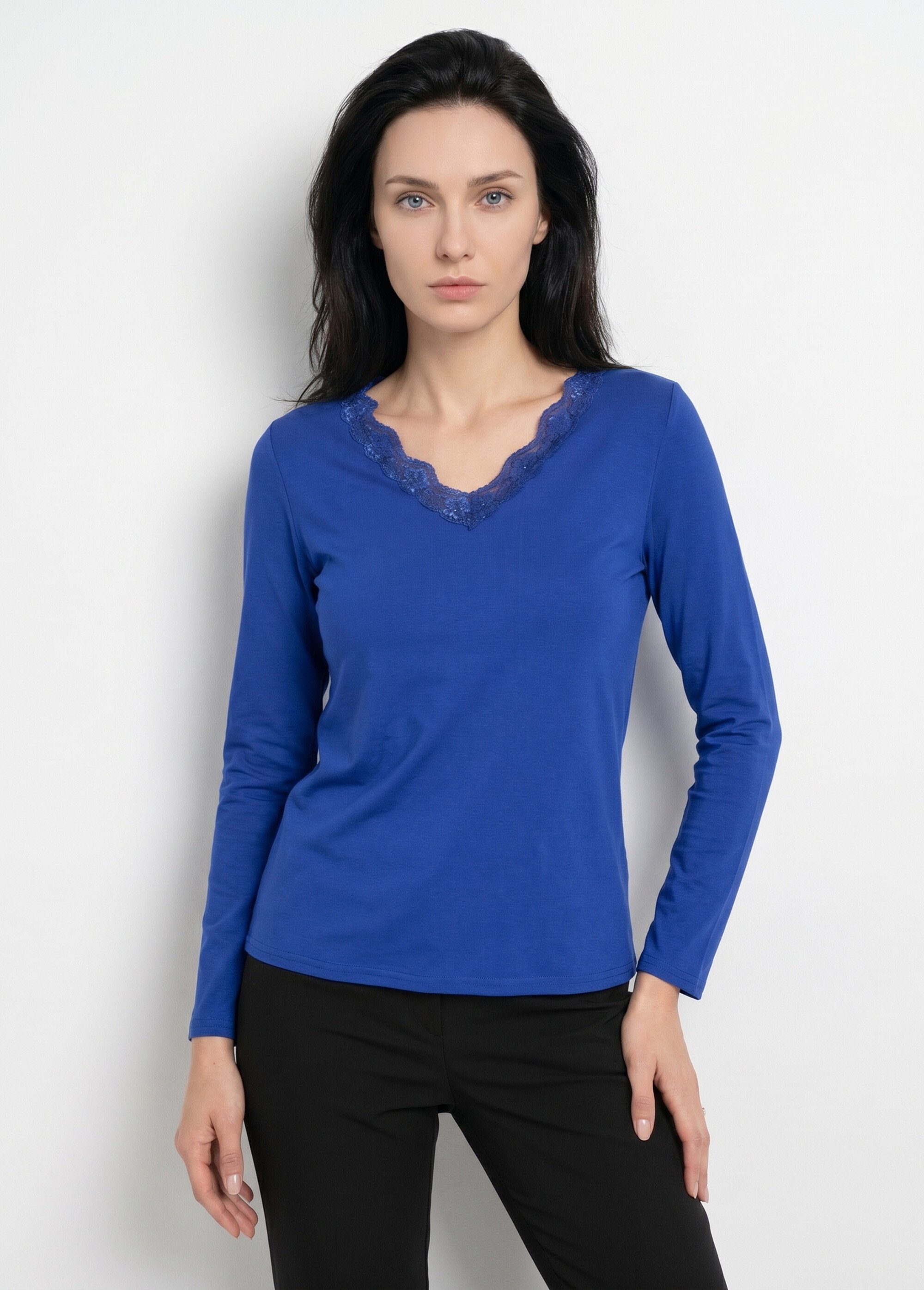 T-shirt court dentelle col V manches longues Femme Bleu CAPELINE FA1