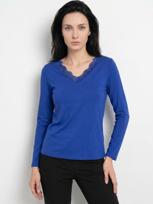 T-shirt court dentelle col V manches longues Femme Bleu CAPELINE FA1