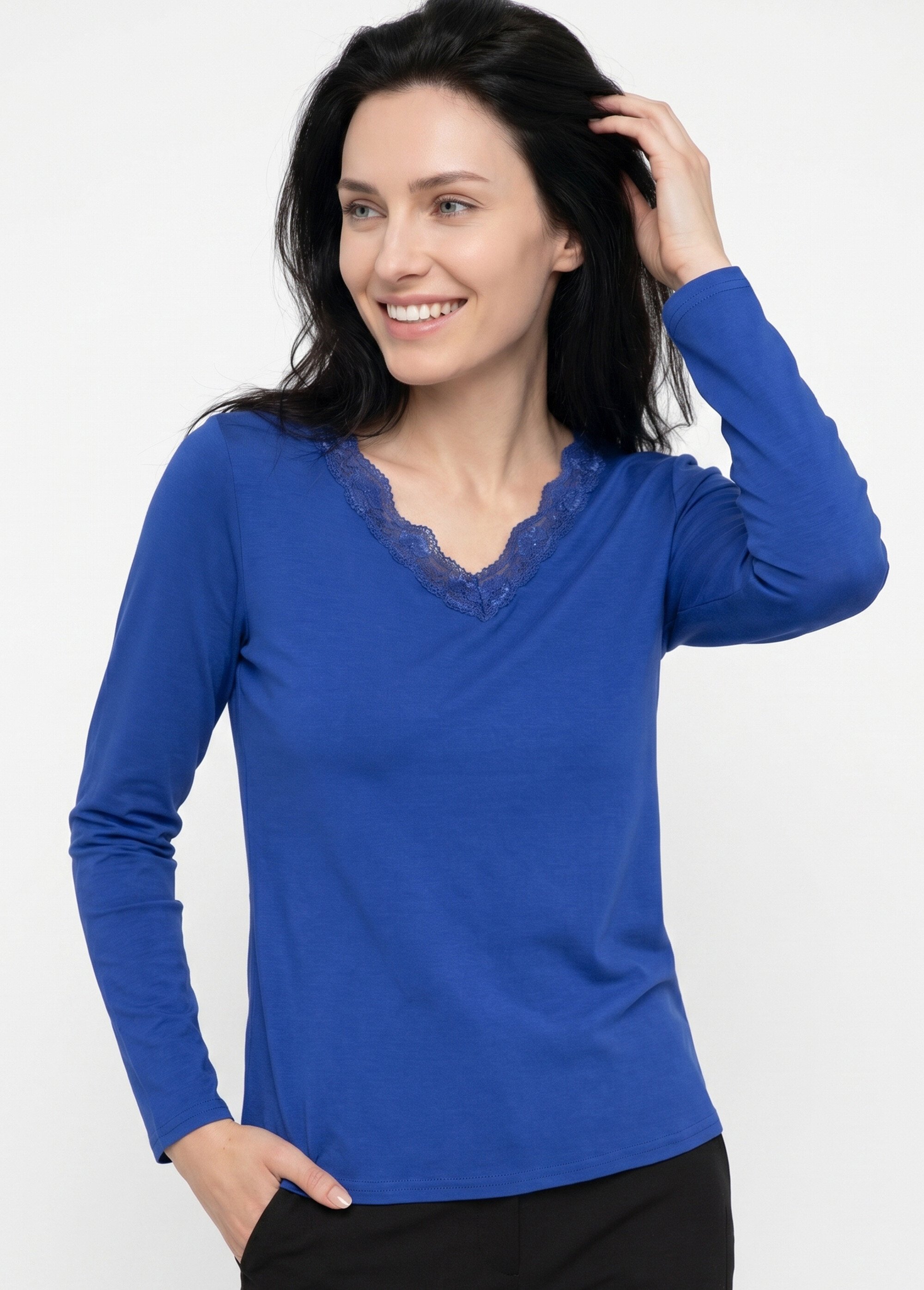 T-shirt court dentelle col V manches longues