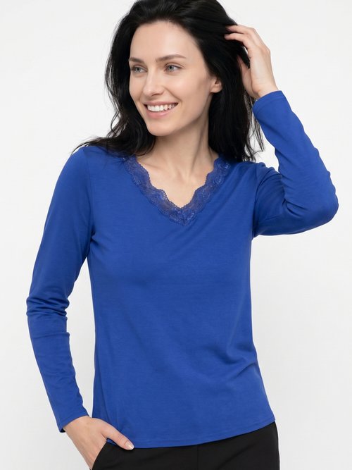T-shirt court dentelle col V manches longues Femme Bleu CAPELINE MV1