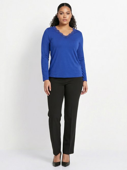 T-shirt court dentelle col V manches longues Femme Grande Taille Bleu CAPELINE SI1