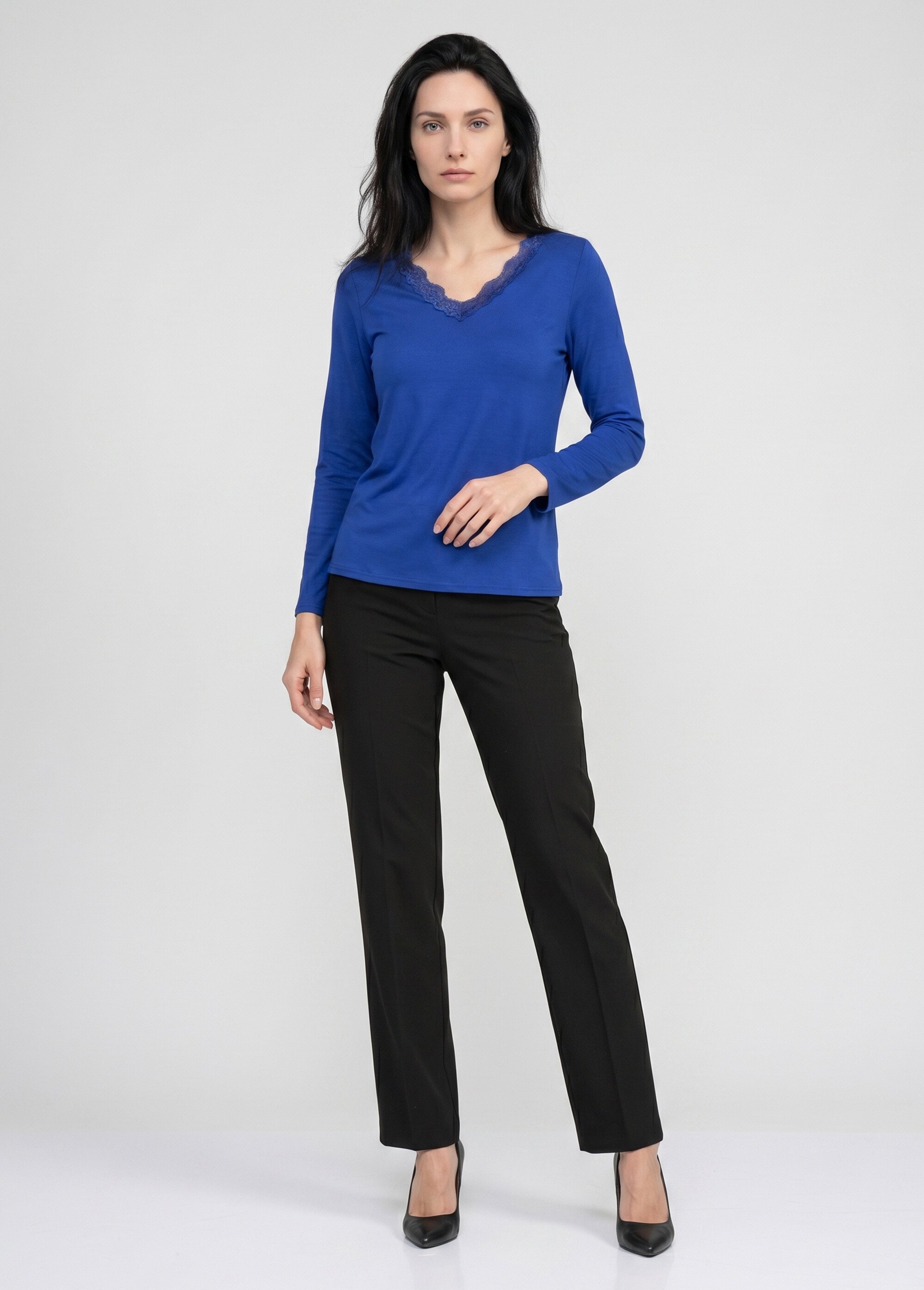 T-shirt court dentelle col V manches longues Femme Bleu CAPELINE SI1
