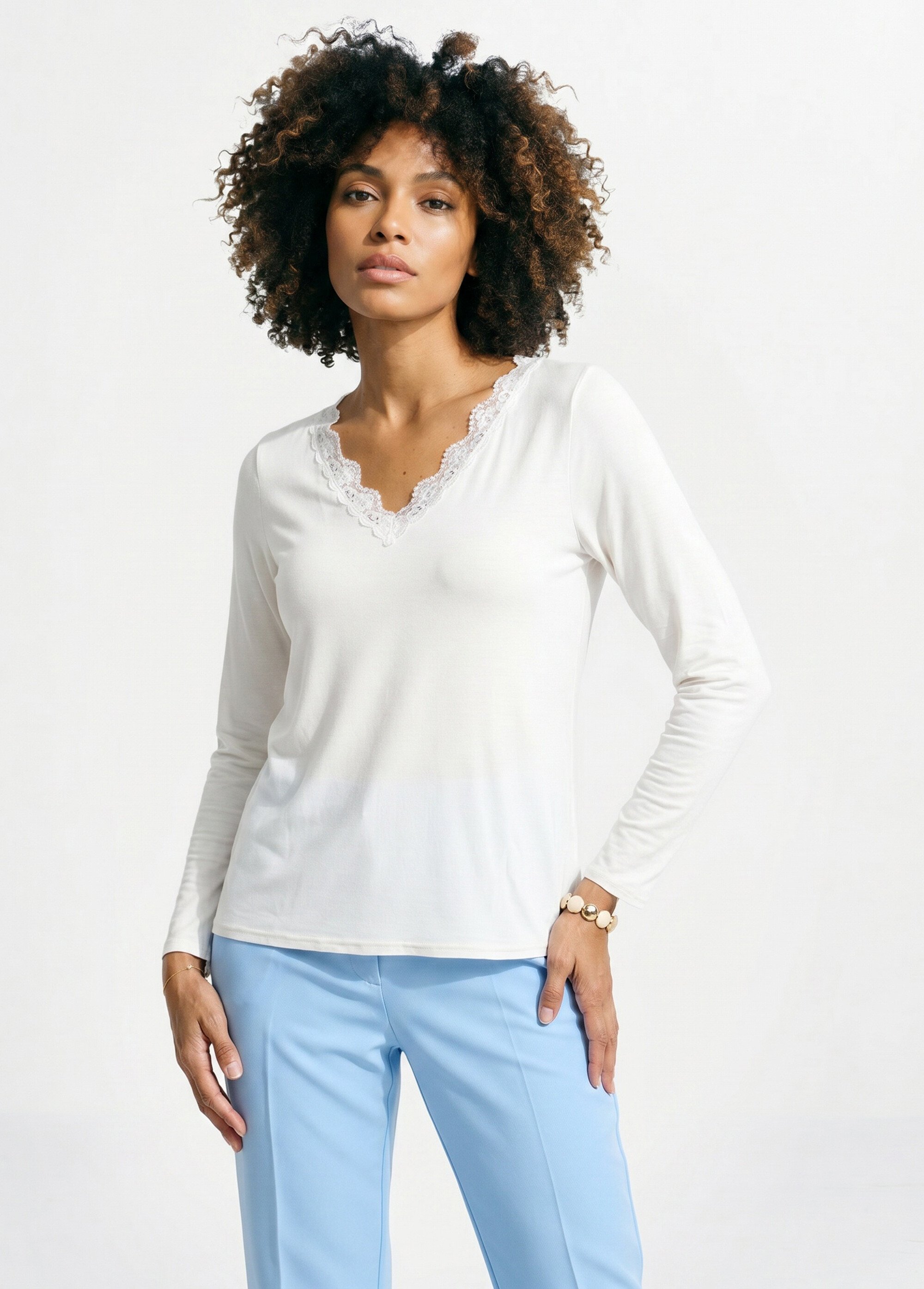 T-shirt court dentelle col V manches longues Femme Beige CAPELINE FA1