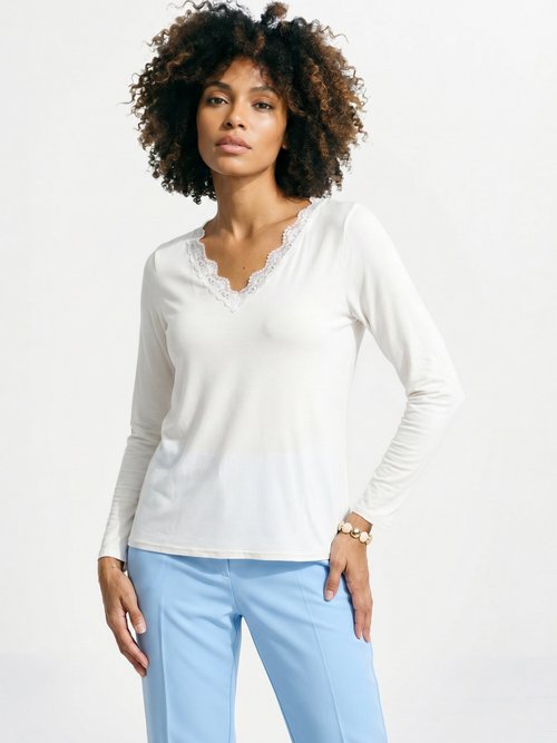 T-shirt court dentelle col V manches longues Femme Beige CAPELINE FA1