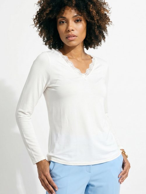 T-shirt court dentelle col V manches longues Femme Beige CAPELINE MV1