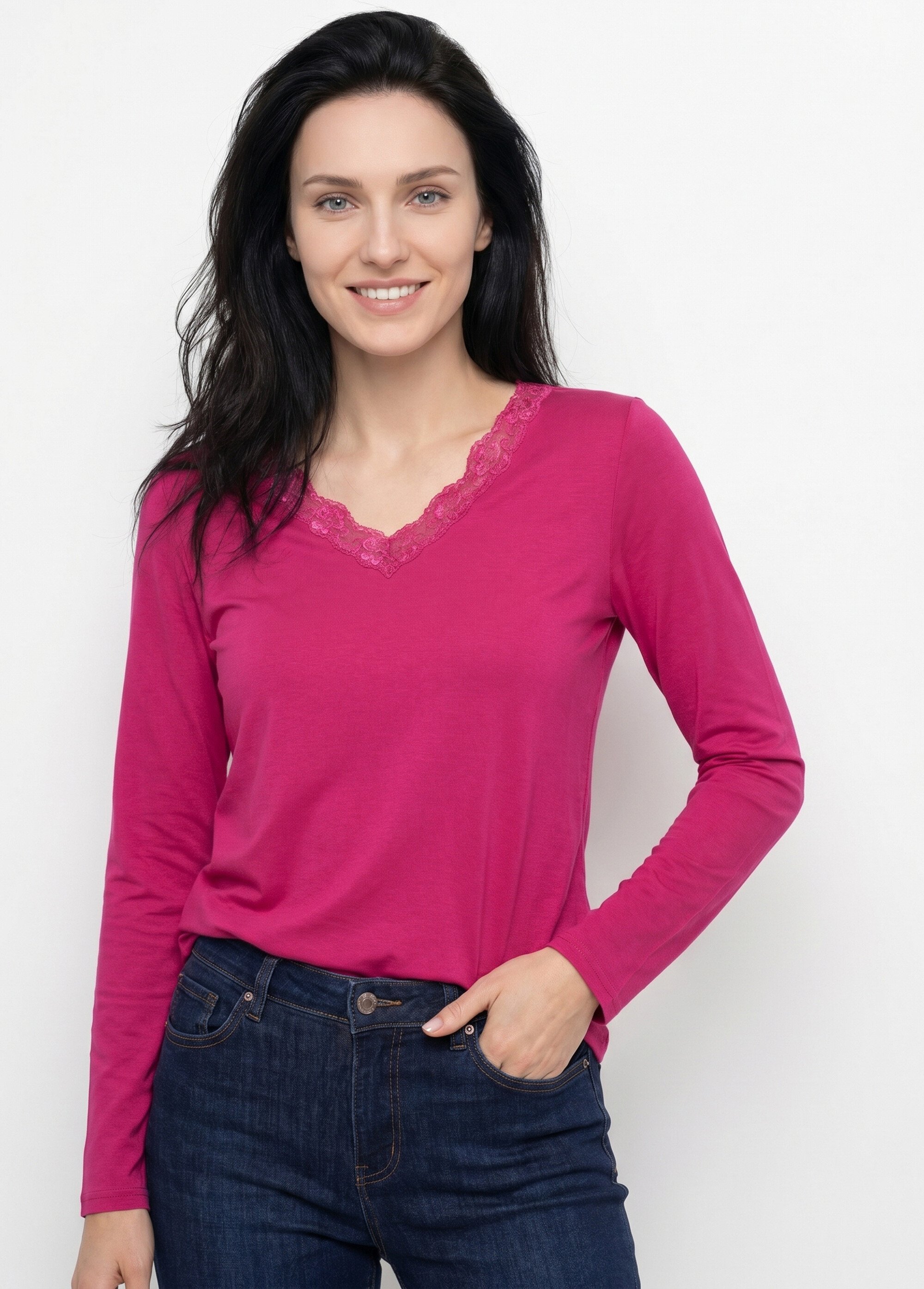 T-shirt court dentelle col V manches longues Femme Rose CAPELINE FA1