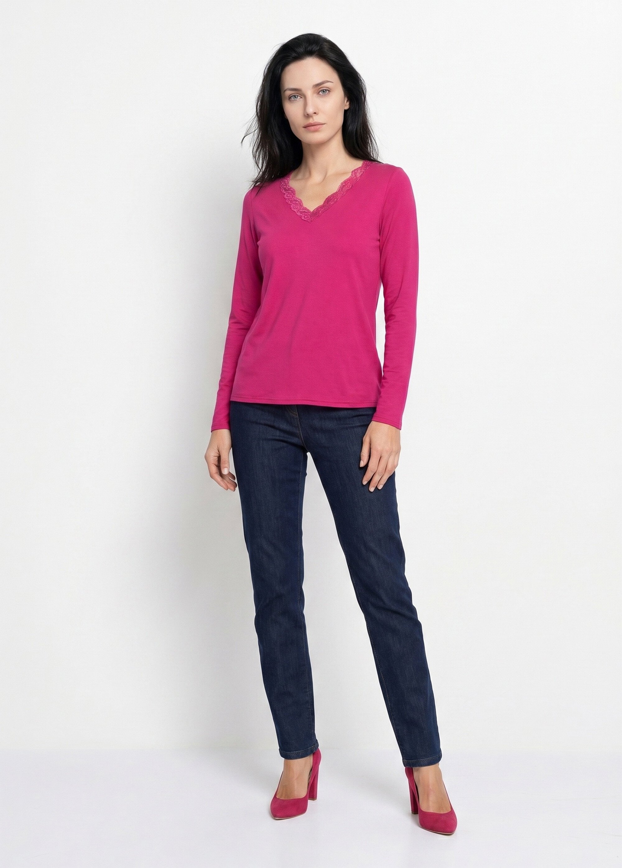 T-shirt court dentelle col V manches longues Femme Rose CAPELINE SI1