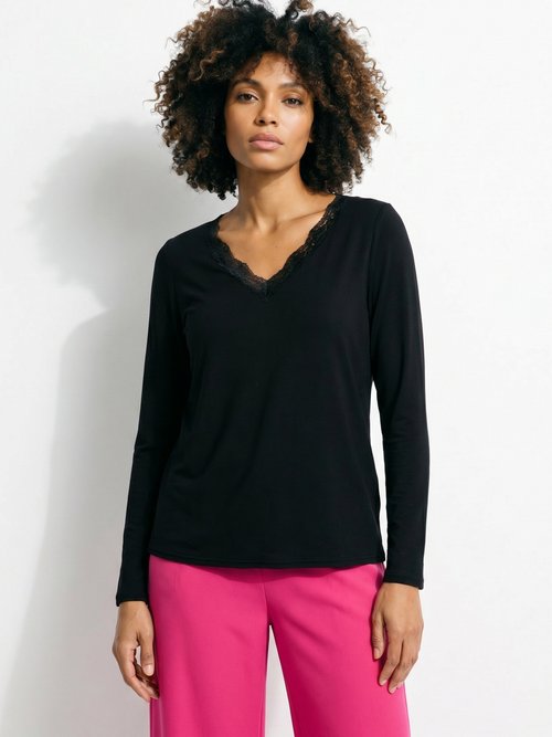 T-shirt court dentelle col V manches longues Femme Noir CAPELINE FA1