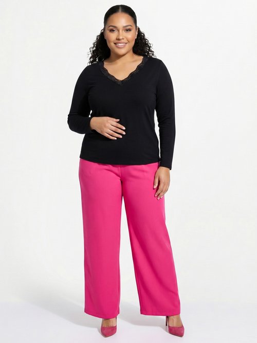 T-shirt court dentelle col V manches longues Femme Grande Taille Noir CAPELINE SI1
