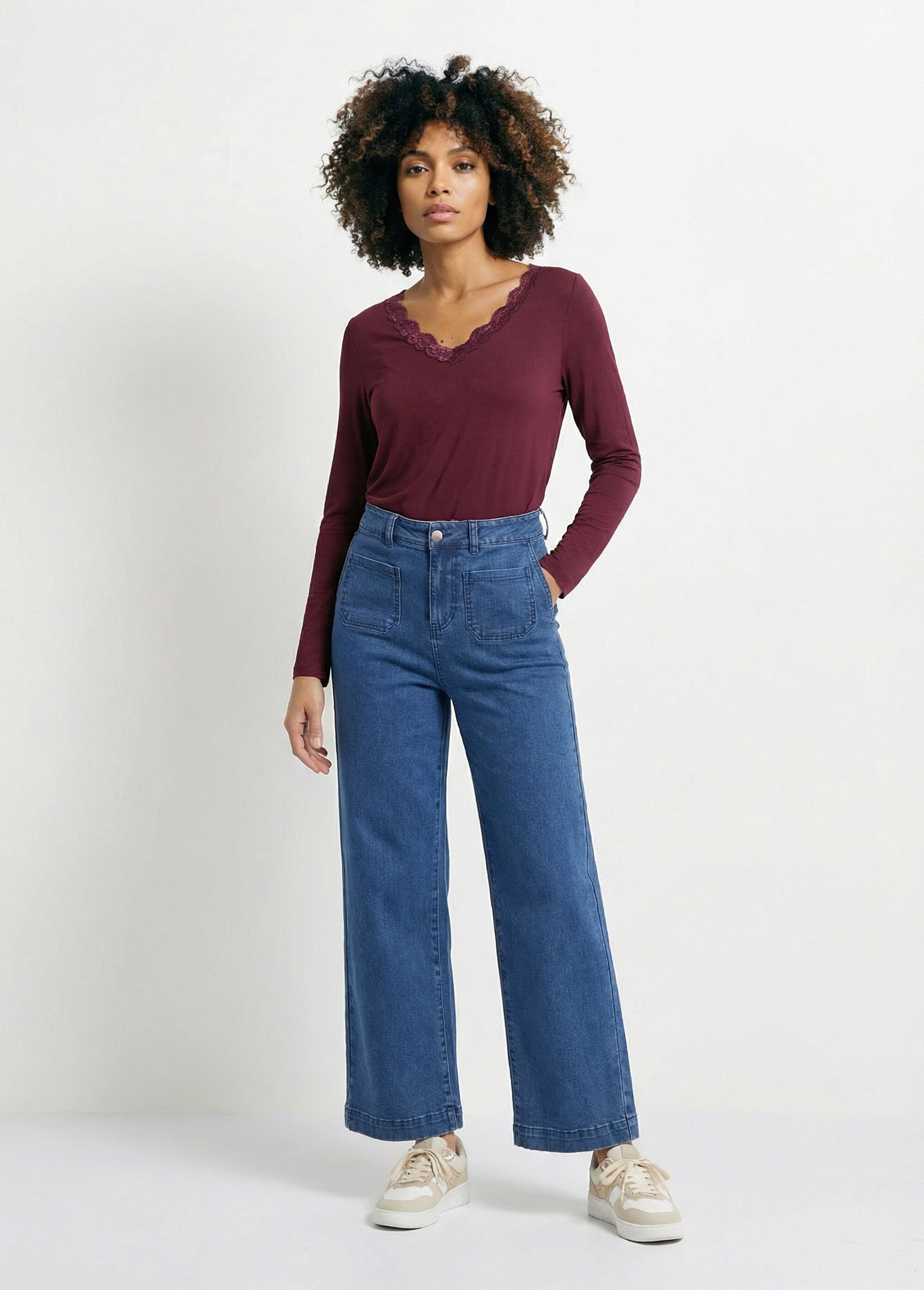 T-shirt court dentelle col V manches longues Femme Violet CAPELINE SF1