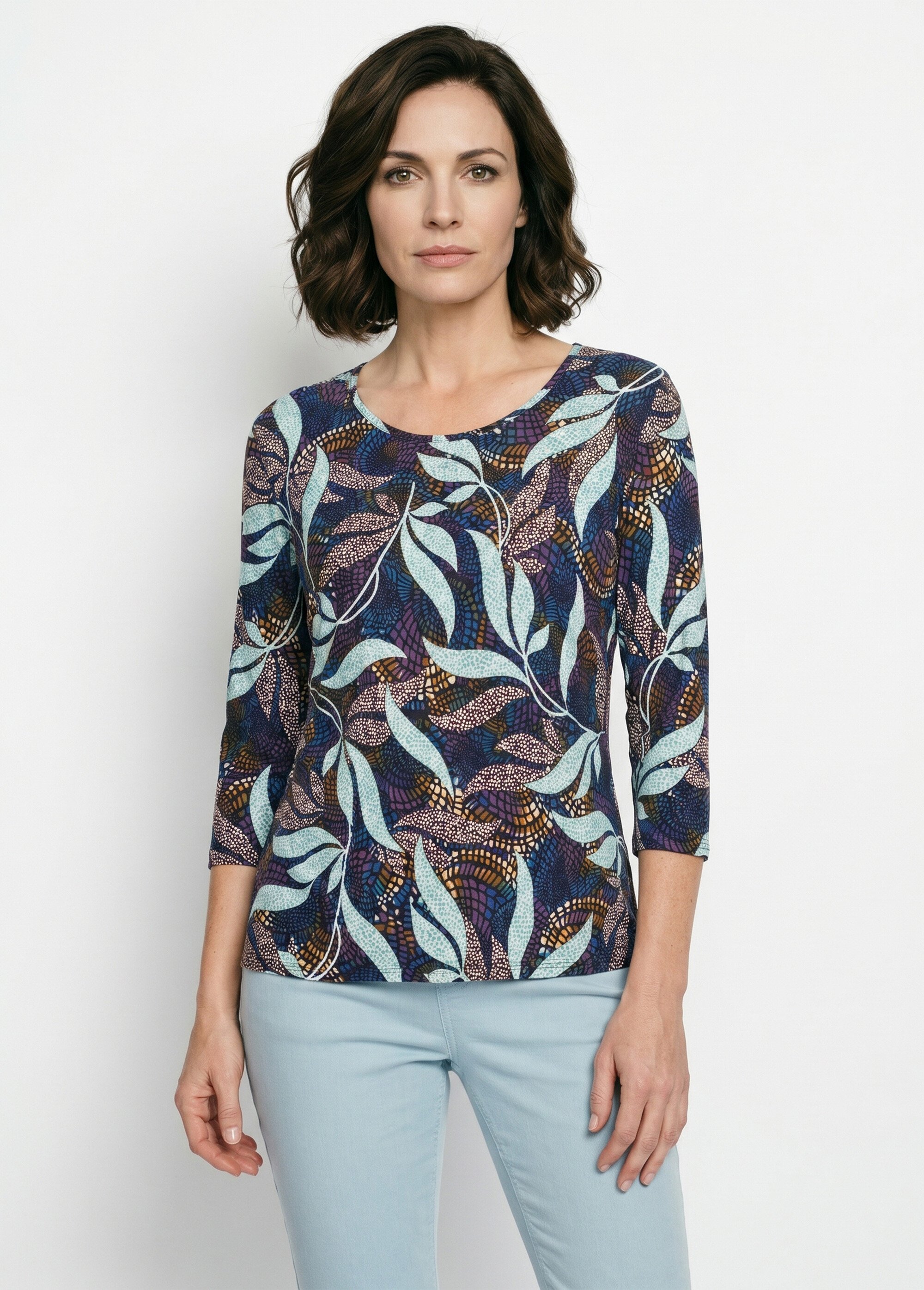 T-shirt droit manches 3/4 imprimé feuillage Femme Bleu CUMATRA FA1