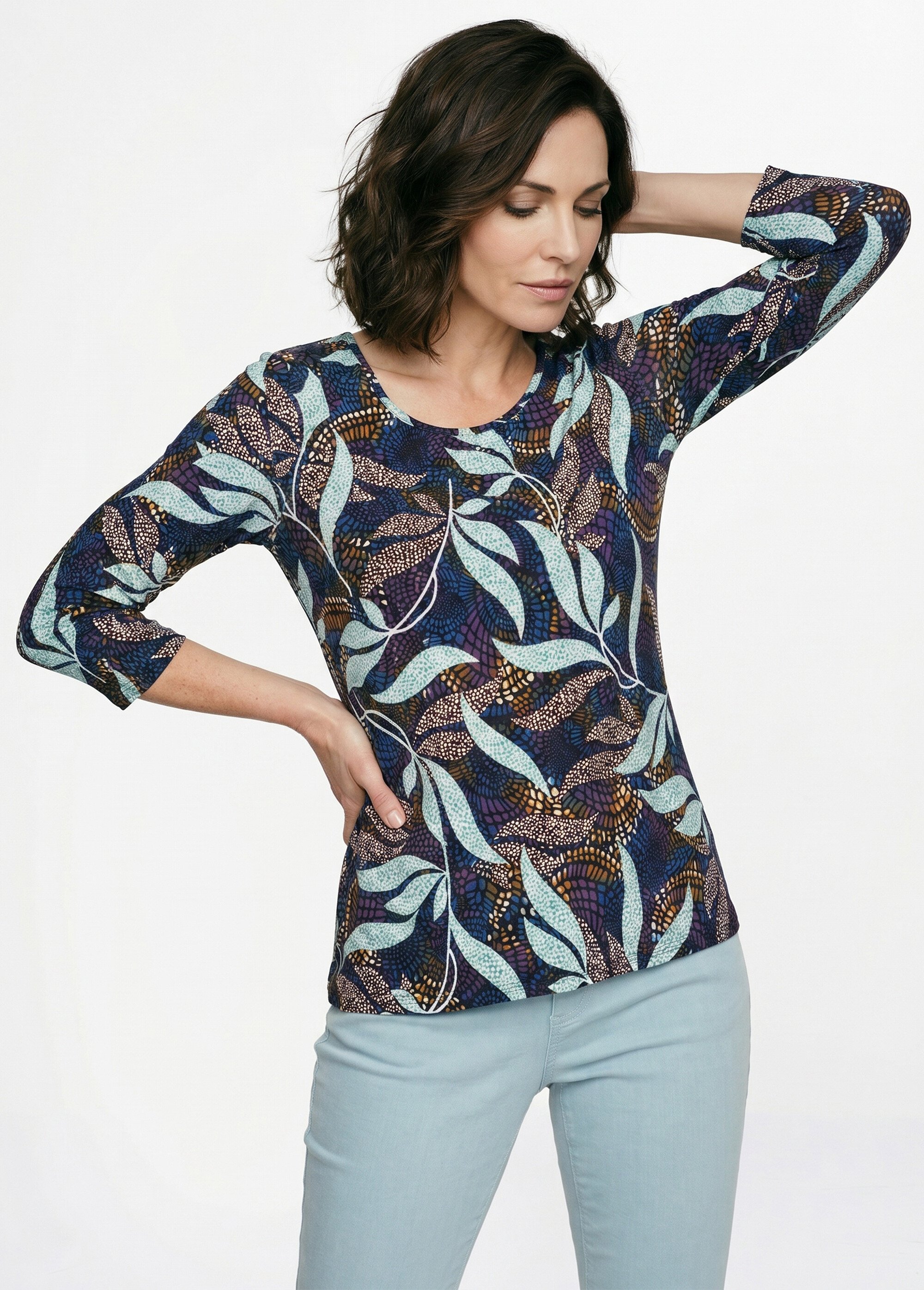 T-shirt droit manches 3/4 imprimé feuillage Femme Bleu CUMATRA MV1