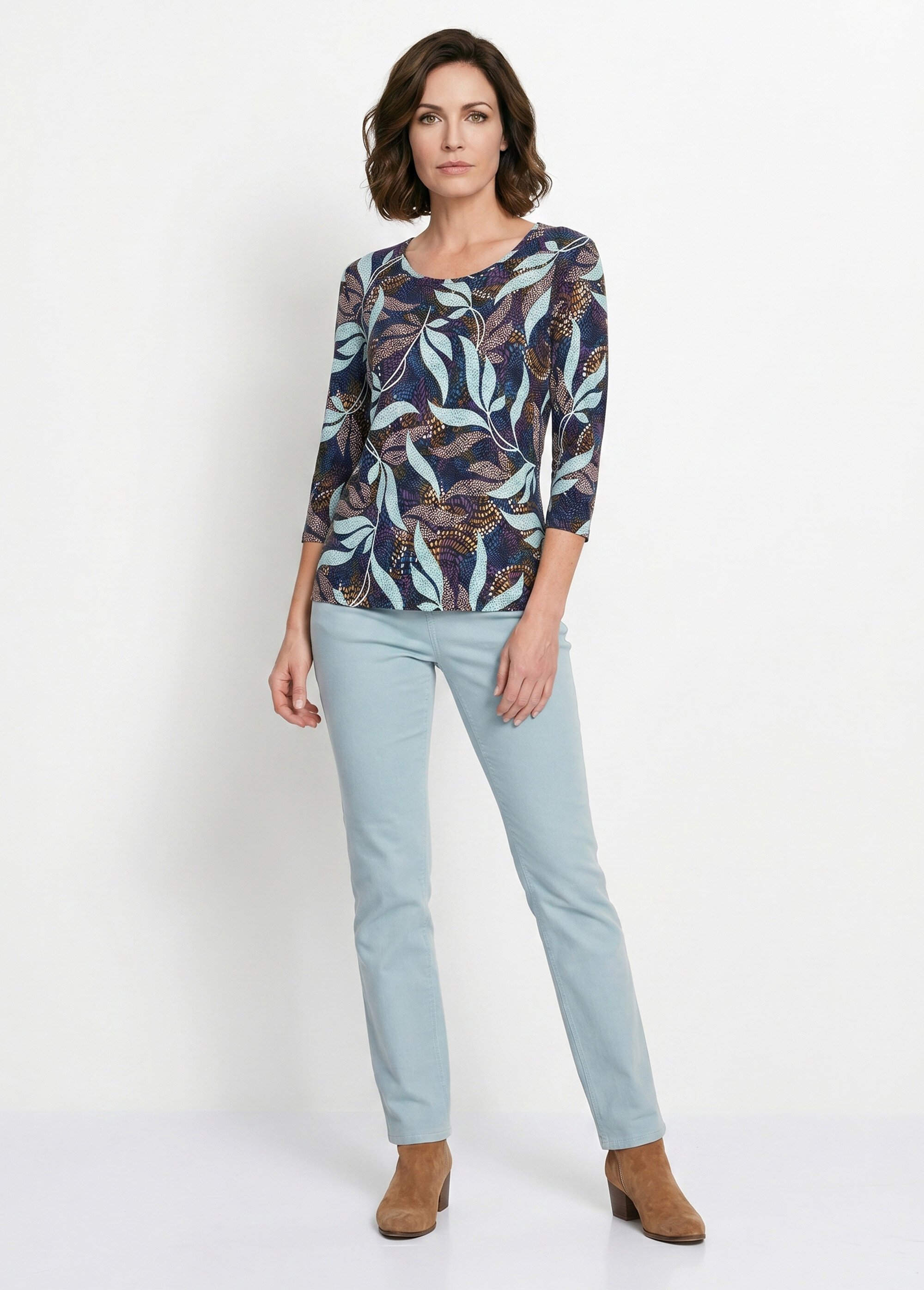 T-shirt droit manches 3/4 imprimé feuillage Femme Bleu CUMATRA SI1