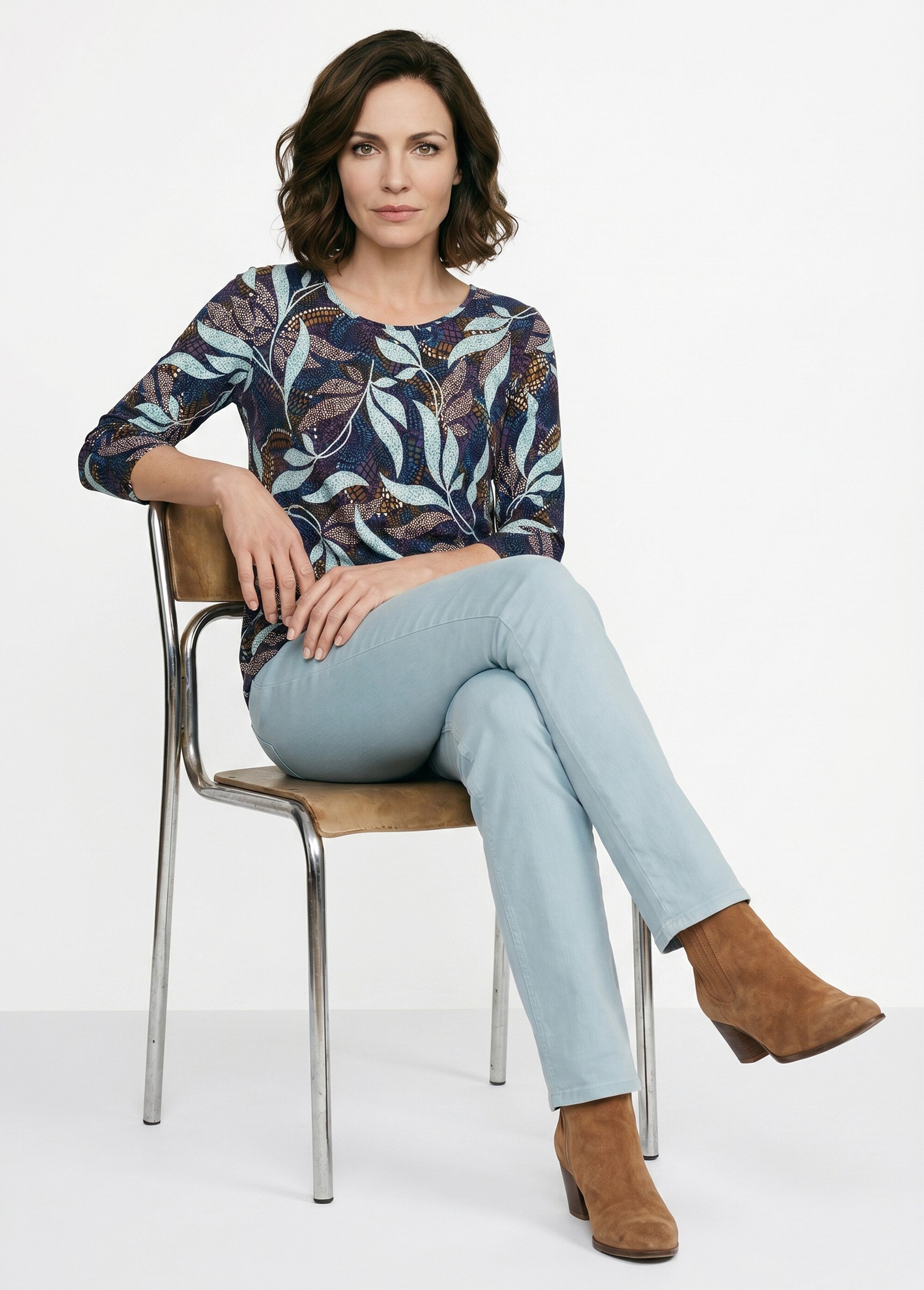 T-shirt droit manches 3/4 imprimé feuillage Femme Bleu CUMATRA SI2