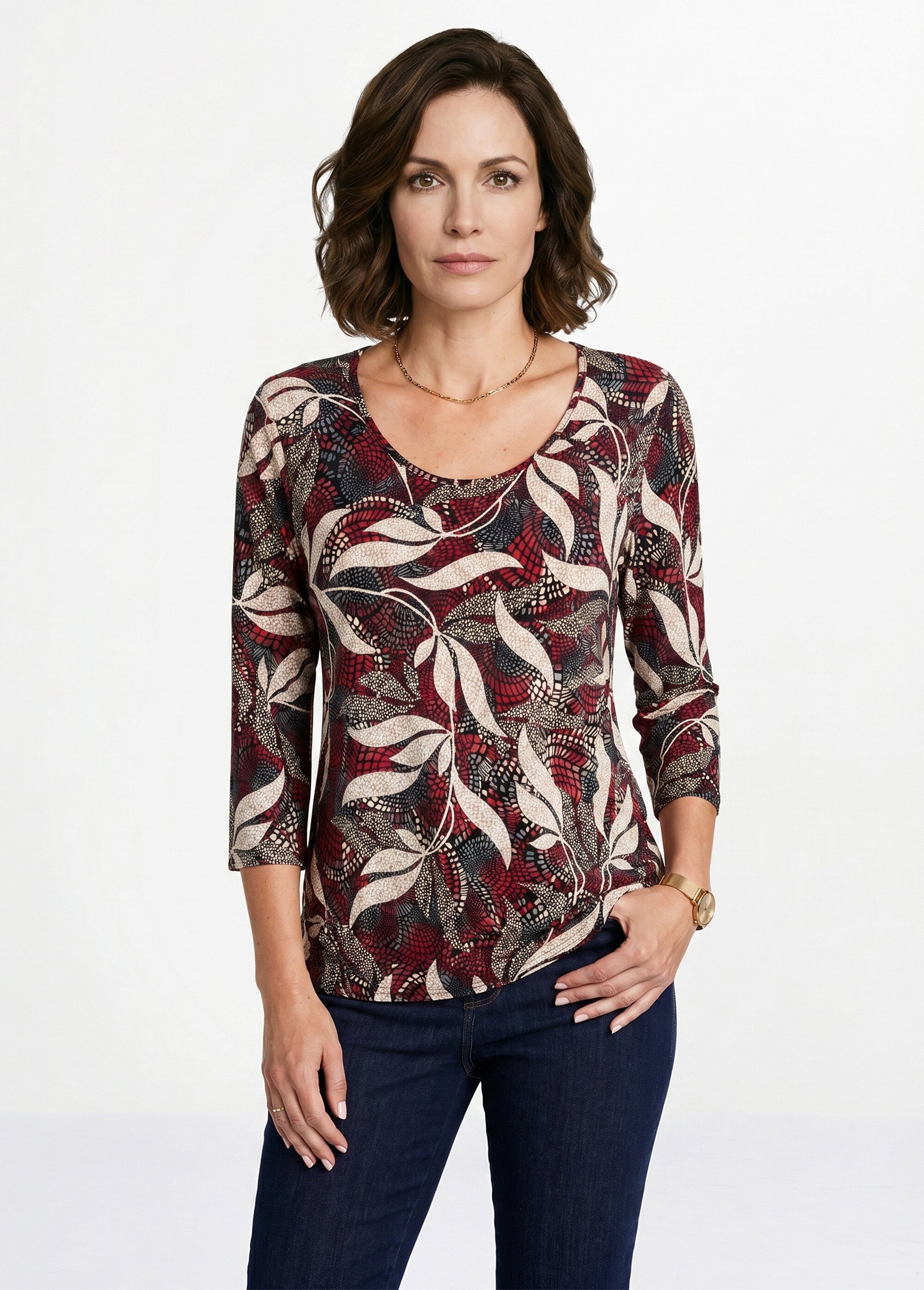 T-shirt droit manches 3/4 imprimé feuillage Femme Rose CUMATRA FA1
