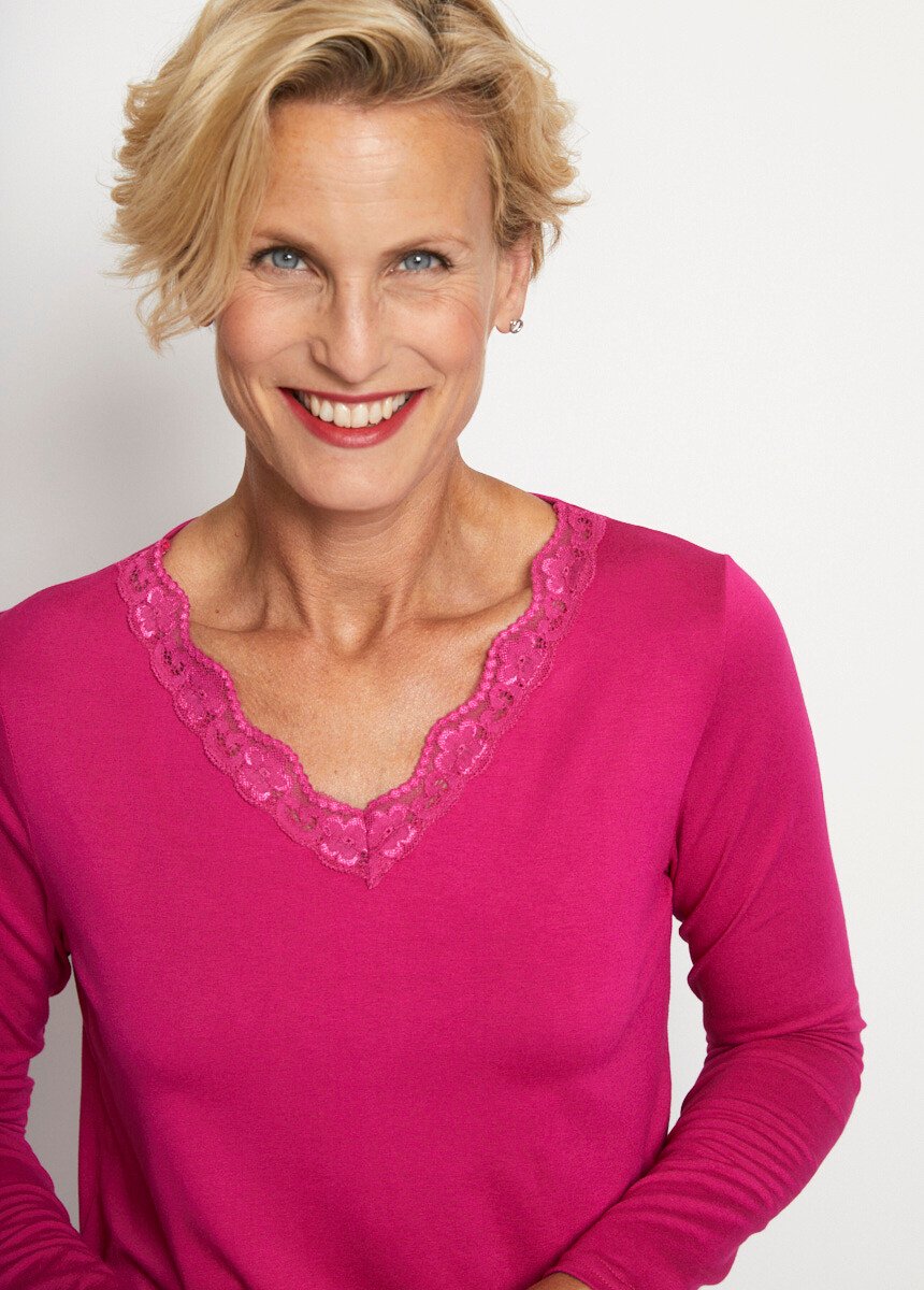 T-shirt court dentelle col V manches longues Rose Afibel