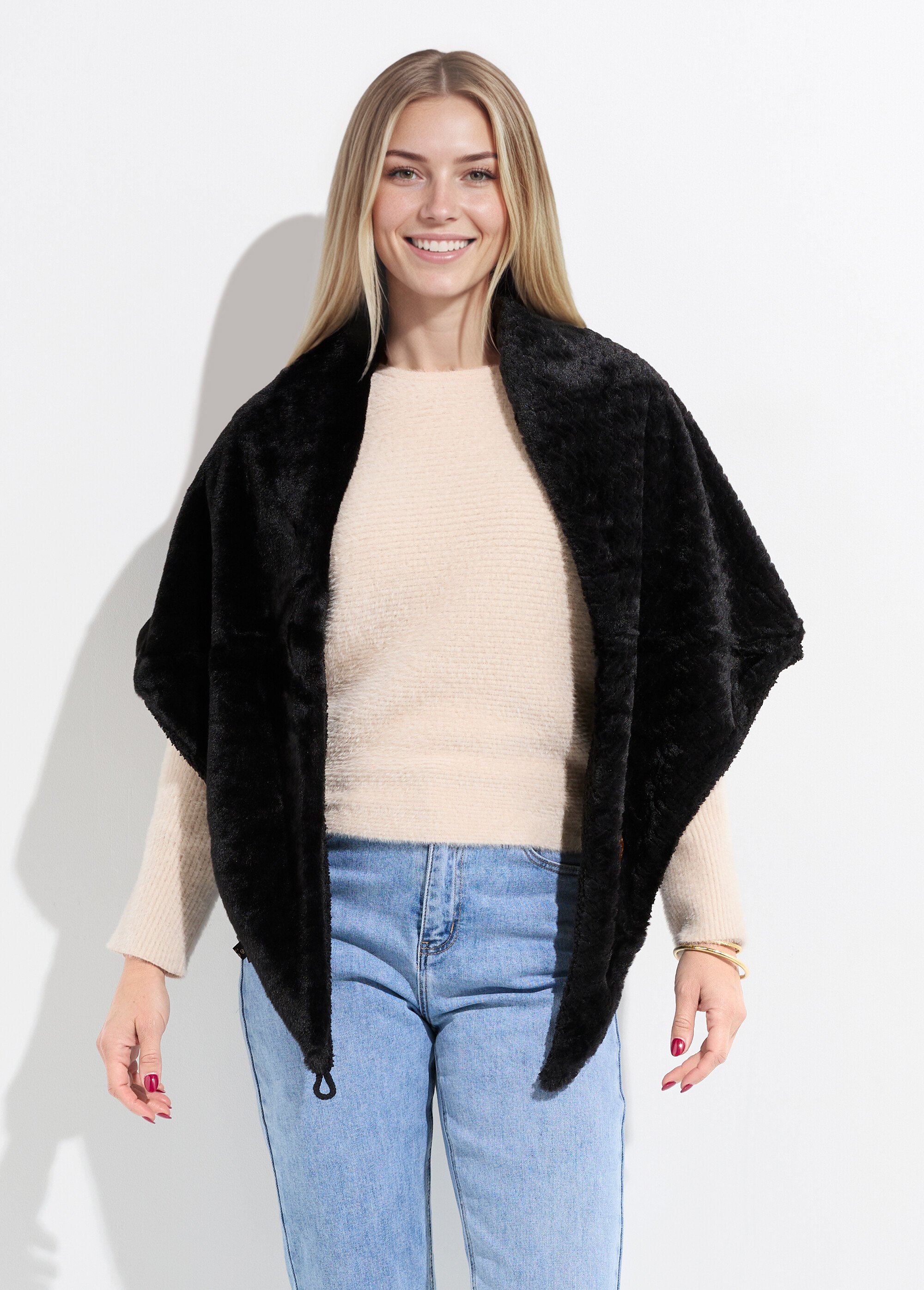 Tour de cou fausse fourrure à boutonner Femme Noir TOPJC24175 FA1