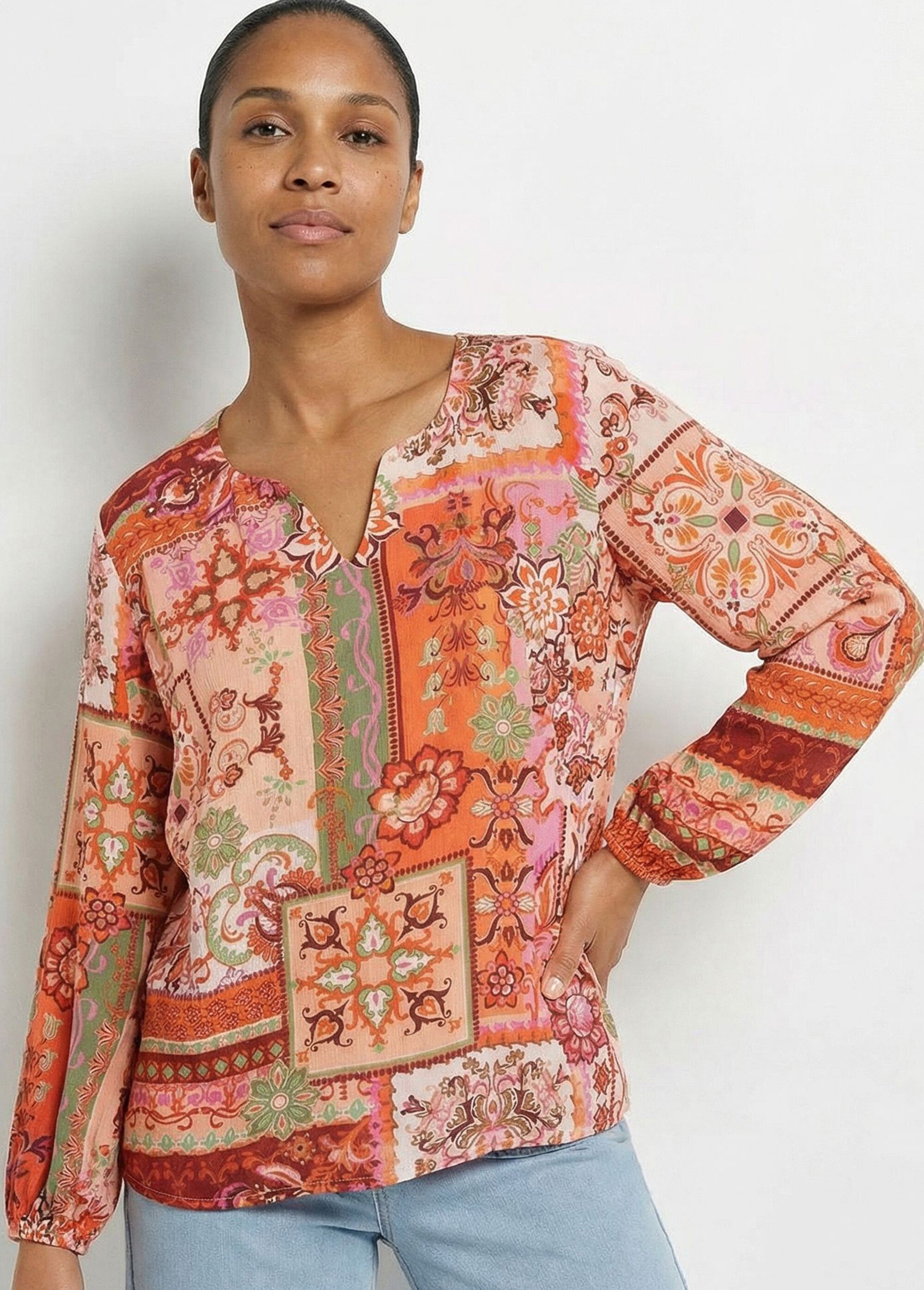 Tunique longue col V voile imprimé patchwork Femme ORANGE ET ECRU CORVINA MV1