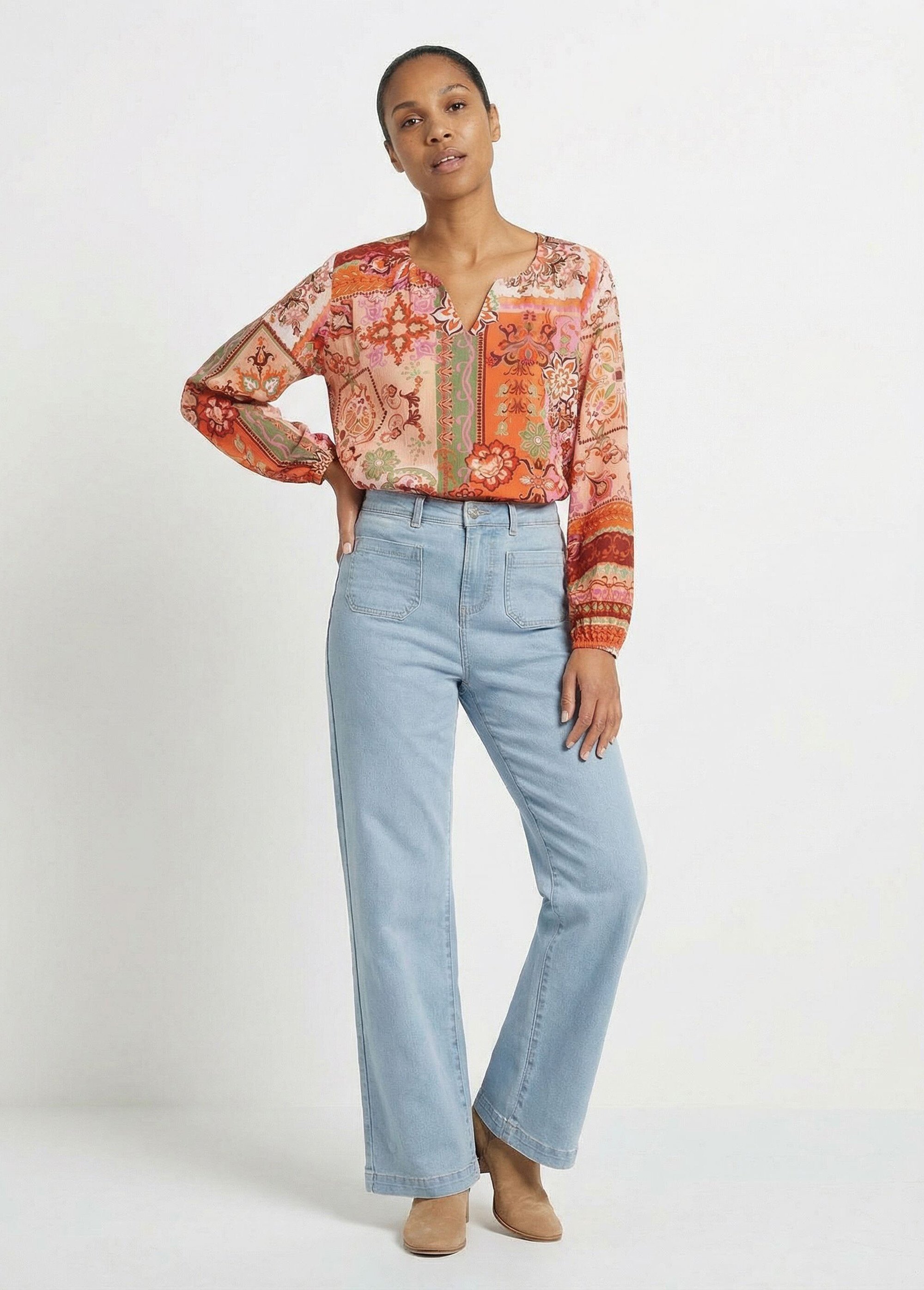 Tunique longue col V voile imprimé patchwork Femme ORANGE ET ECRU CORVINA SF1