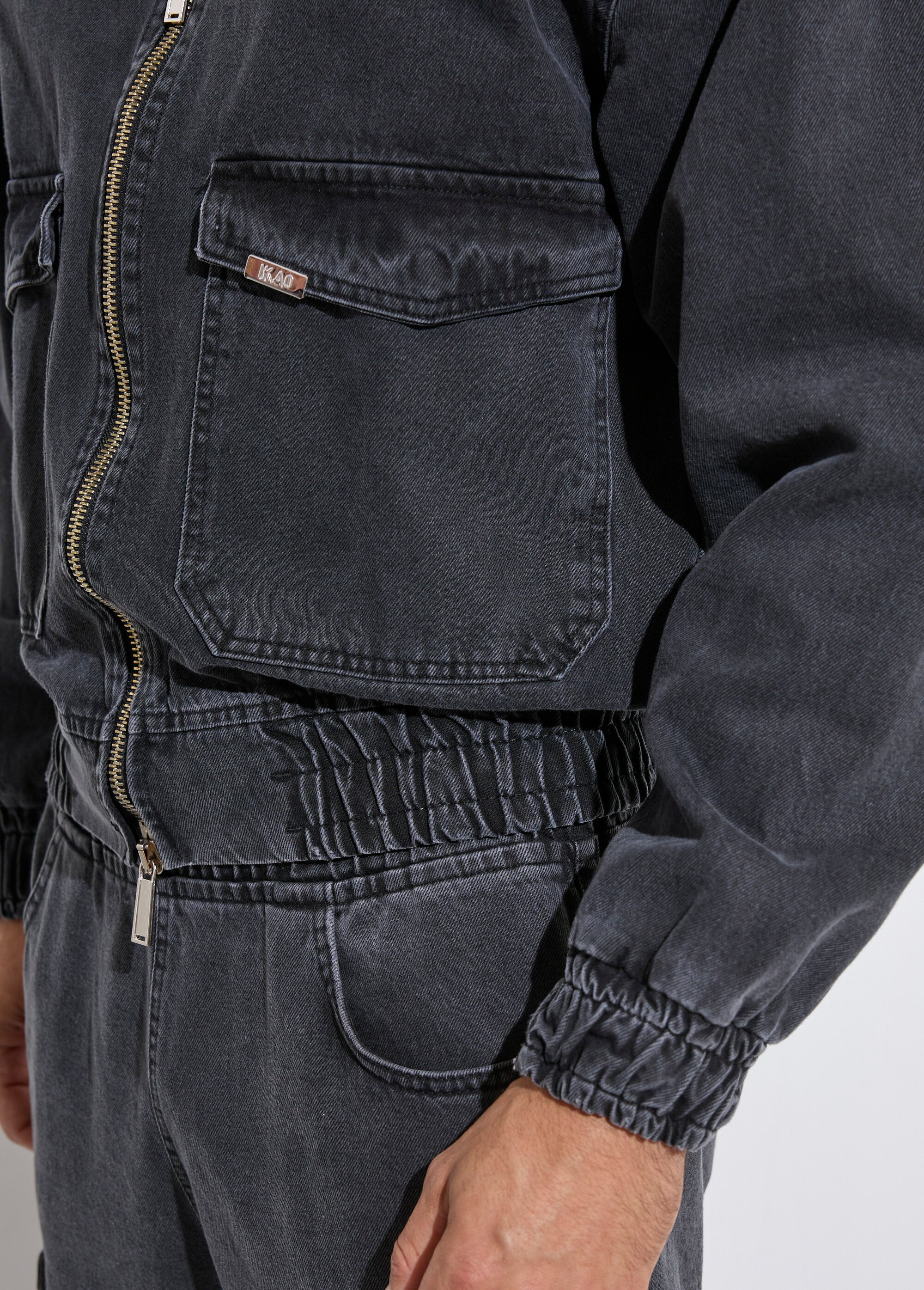 Veste en jean zippée détails élastiqués Homme Noir IKAVEST546-2018 DE2
