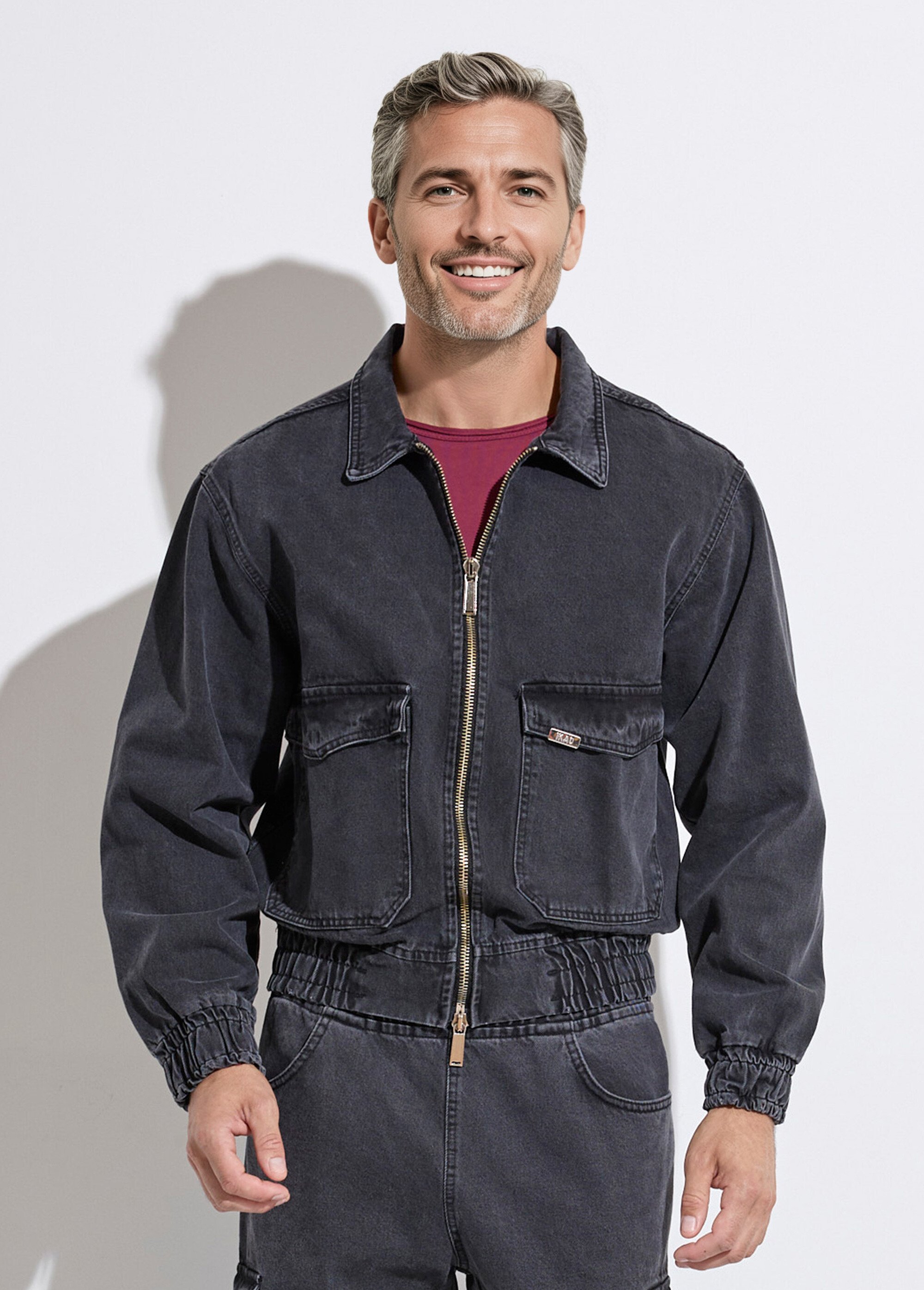 Veste en jean zippée détails élastiqués Homme Noir IKAVEST546-2018 FA1