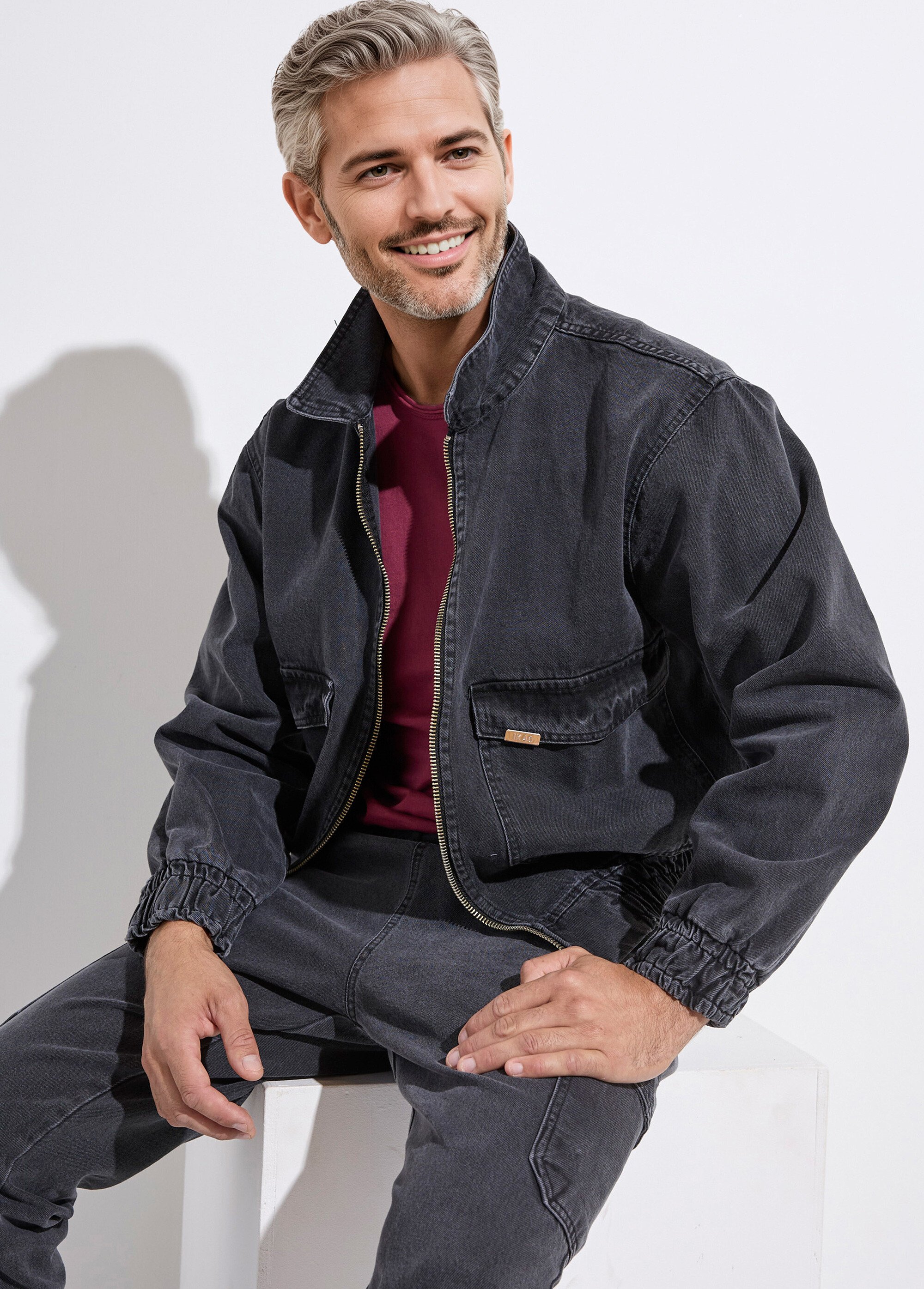 Veste en jean zippée détails élastiqués Homme Noir IKAVEST546-2018 MV1
