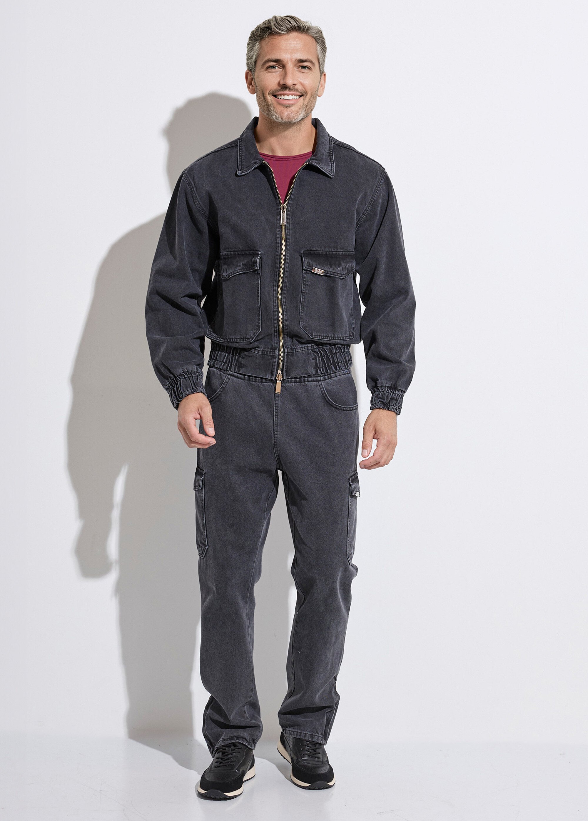 Veste en jean zippée détails élastiqués Homme Noir IKAVEST546-2018 SF1